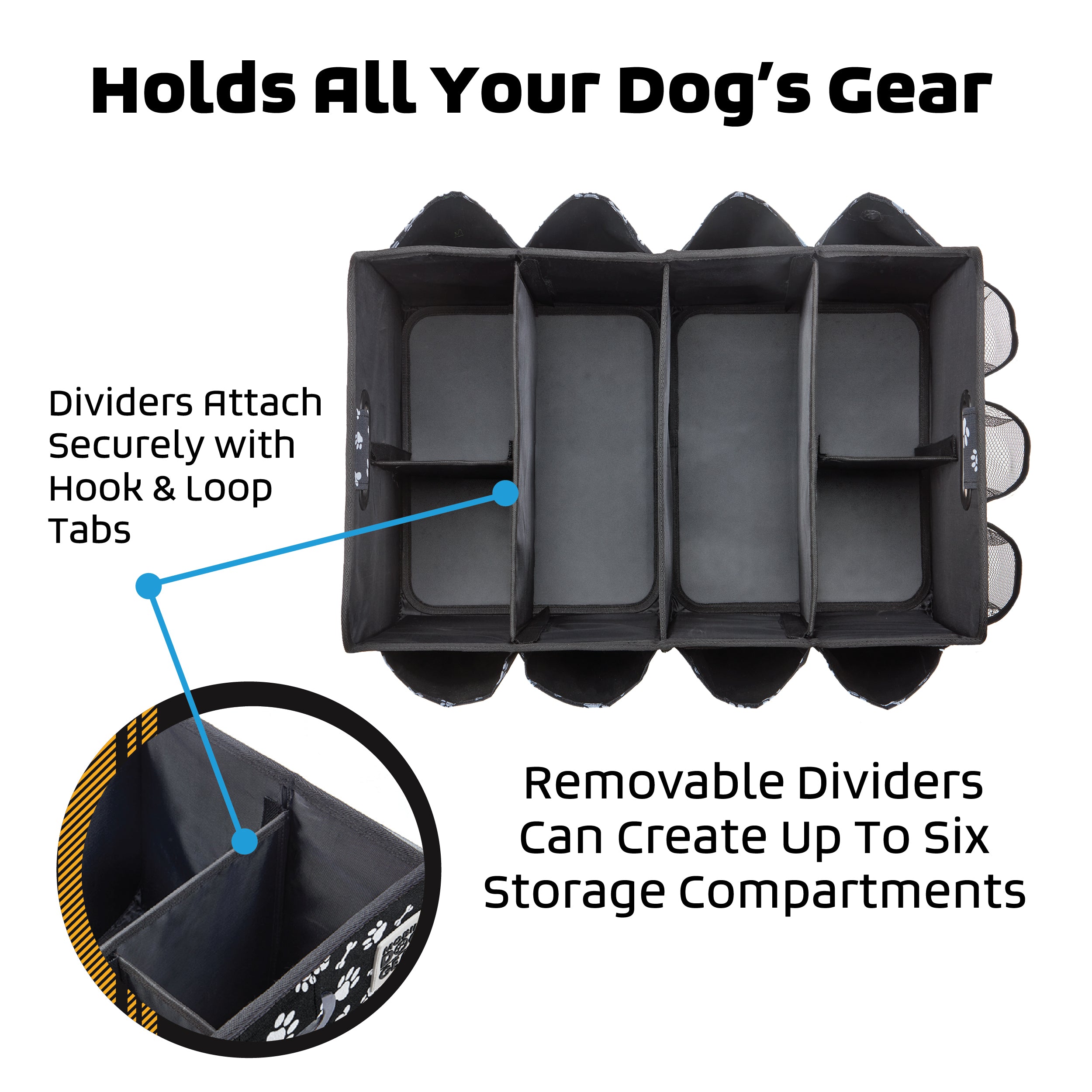 A collapsible multipurpose organizer filled with various items like bottles and bags. Text on the image reads "Great for Travel!" Perfect for dog travel essentials.