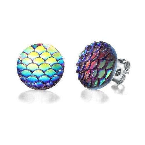 The Mermaid Stud Earrings feature two iridescent zinc alloy studs: one flat with a scale pattern and the other textured, elegantly displayed against a white background.