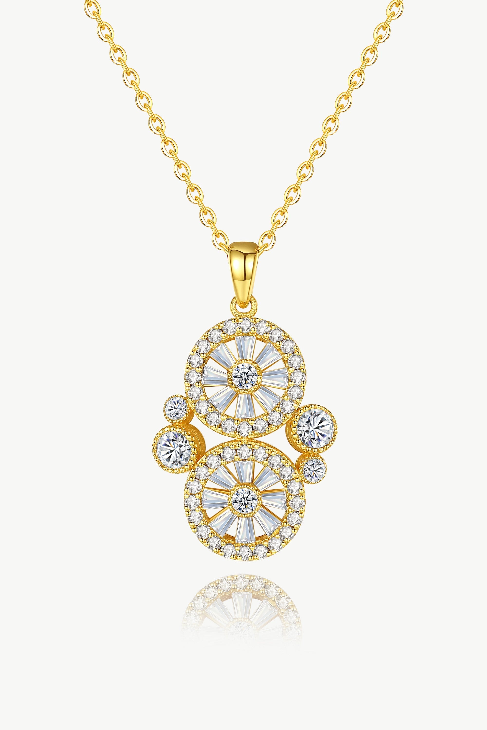 Gold plated brass Gold Wheel of Fortune Necklace with a pendant featuring three circular designs, each embellished with multiple diamonds and connected vertically.