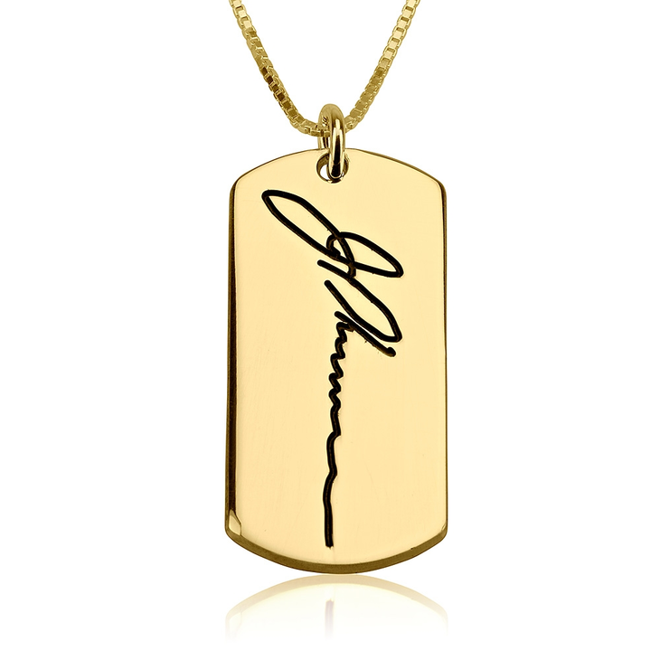 Dog Tag Handwriting Necklace pendant on a chain featuring an engraved dog tag signature design, displayed against a white background.