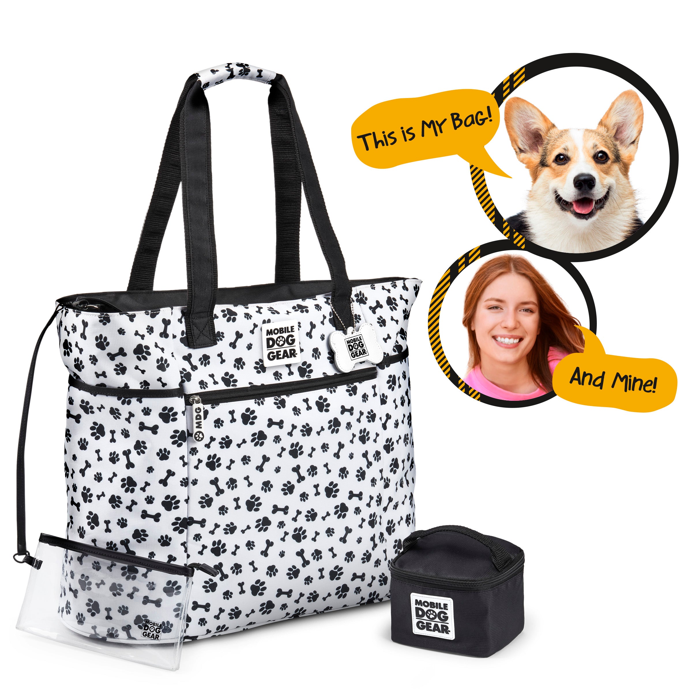 The Mobile Dog Gear Dogssentials Tote Bag features a paw print design, clear pouch, and small accessory bag. Speech bubbles display a dog declaring, "This is MY Bag!" alongside a person exclaiming, "And Mine!" Ideal for stylishly transporting all your dog's essentials.