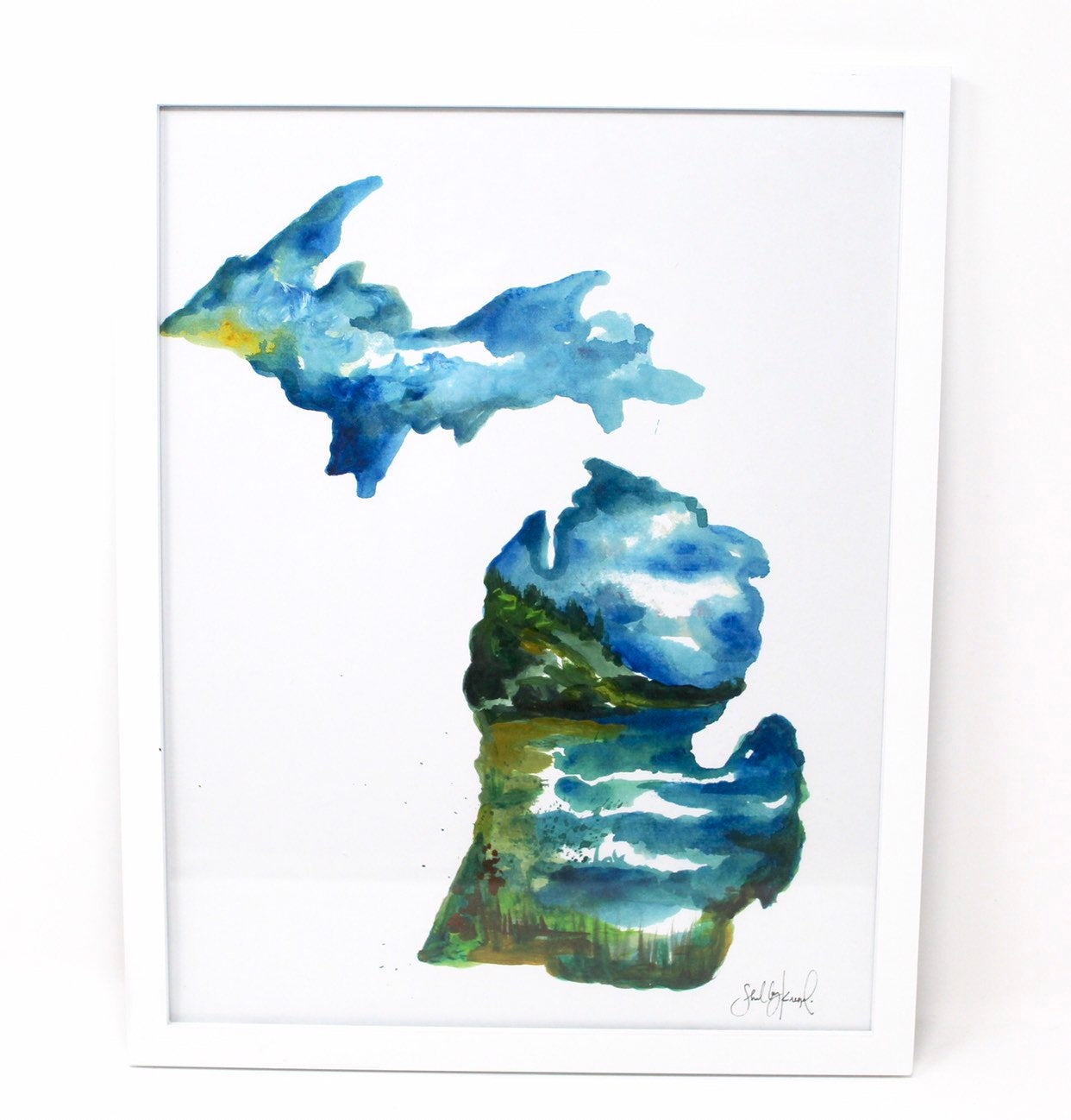 Add a touch of serenity to your gallery wall with the "Lake Michigan Art Print." This 11x14 inch watercolor artwork features fluid shapes in blue, green, and yellow on a white background, capturing the tranquil beauty of Michigan's coast.