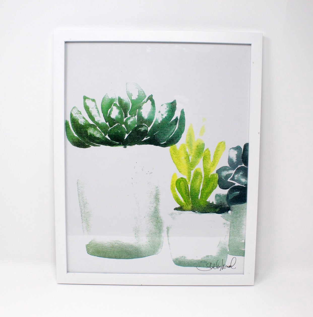 The Succulent Art Print (4) on 11x14 paper features a botanical art piece displaying three watercolor succulents in white pots against a light background, perfect for wall art and home decor.