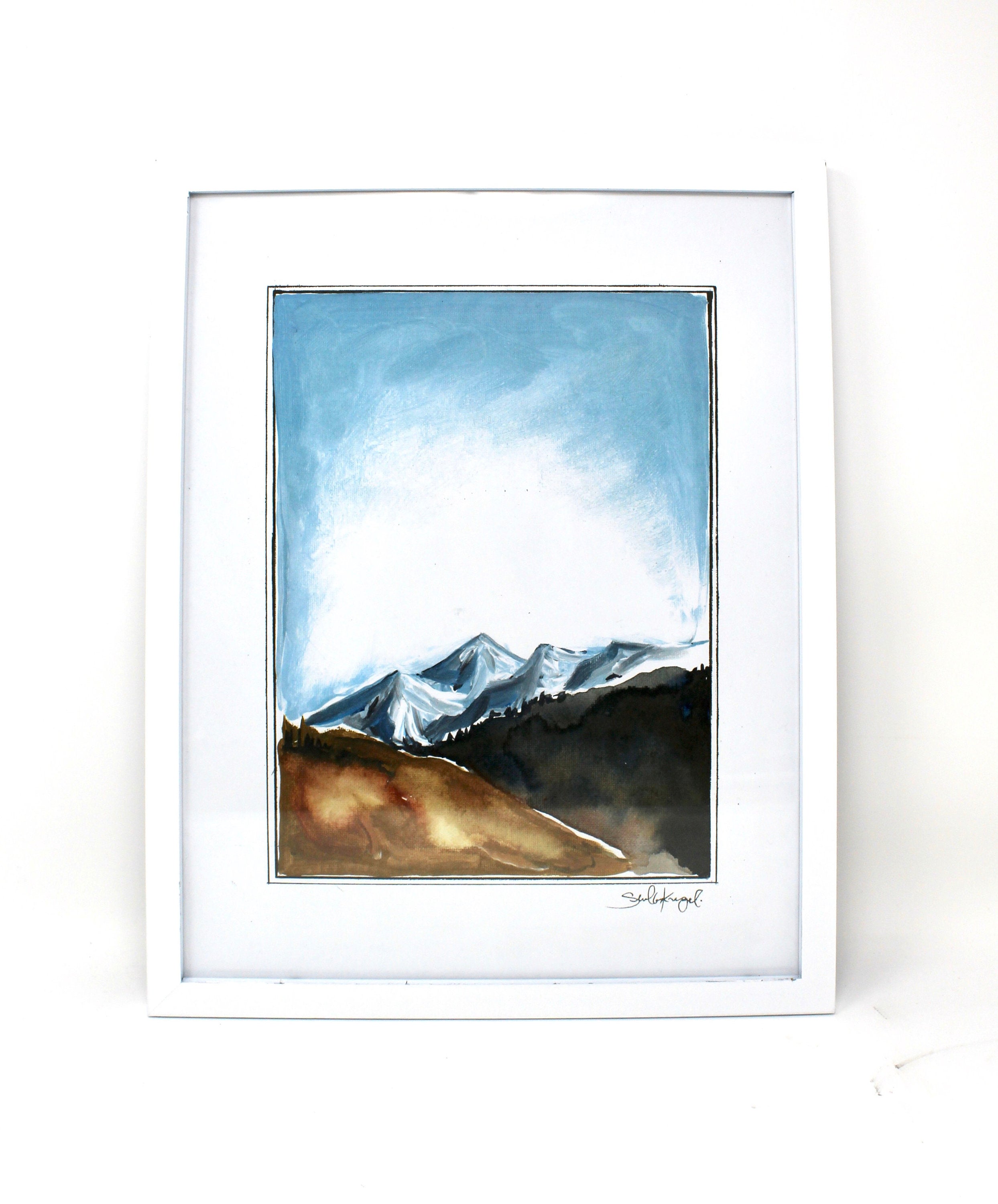 Discover the "Simple Mountains" 11x14 art print, a watercolor adventure painting of snow-capped mountain peaks beneath a blue sky, perfect for enhancing your gallery wall.