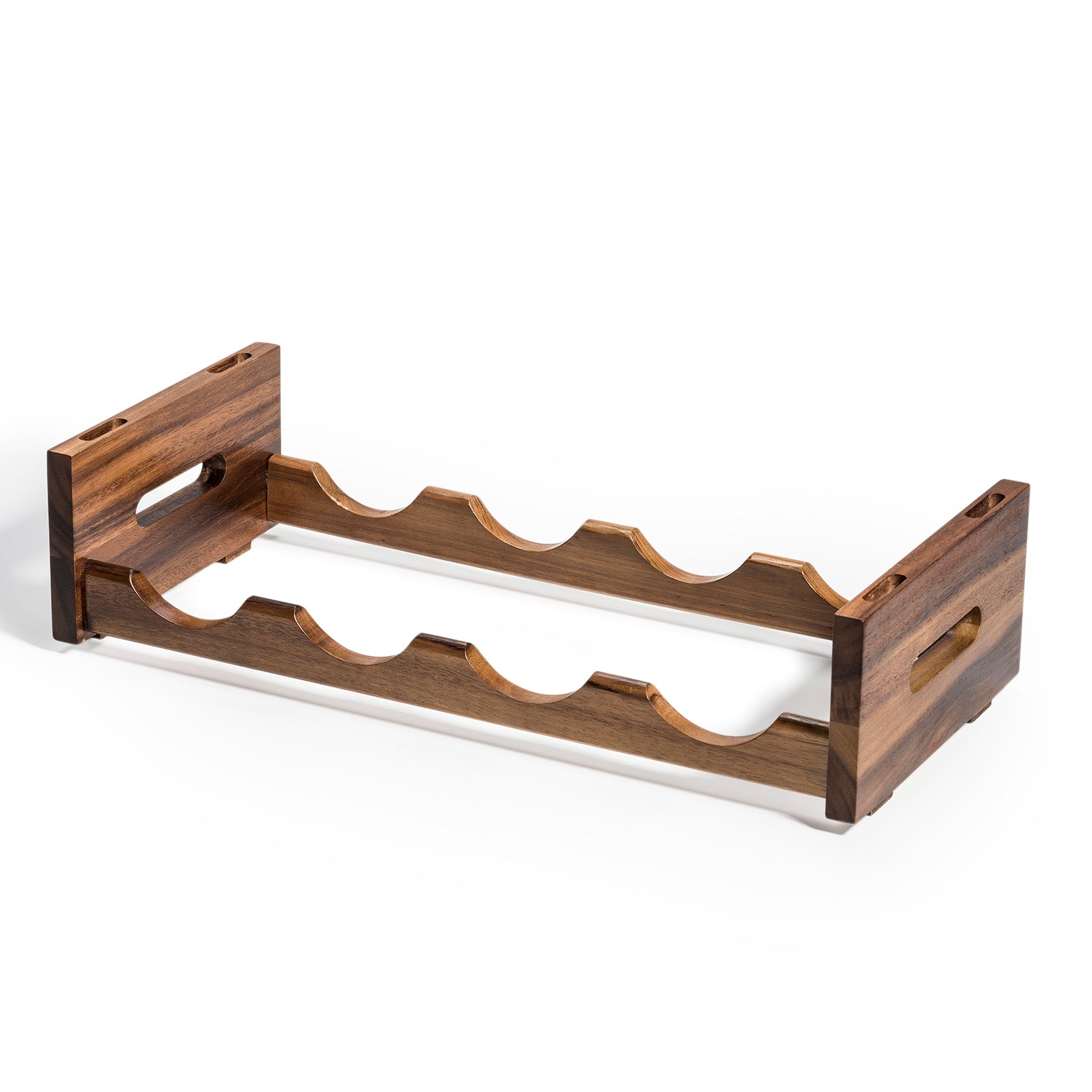 Stackable Wine Rack made from acacia wood, includes six horizontal slots for bottle storage, features handles on each end, and offers an easy-to-assemble design.