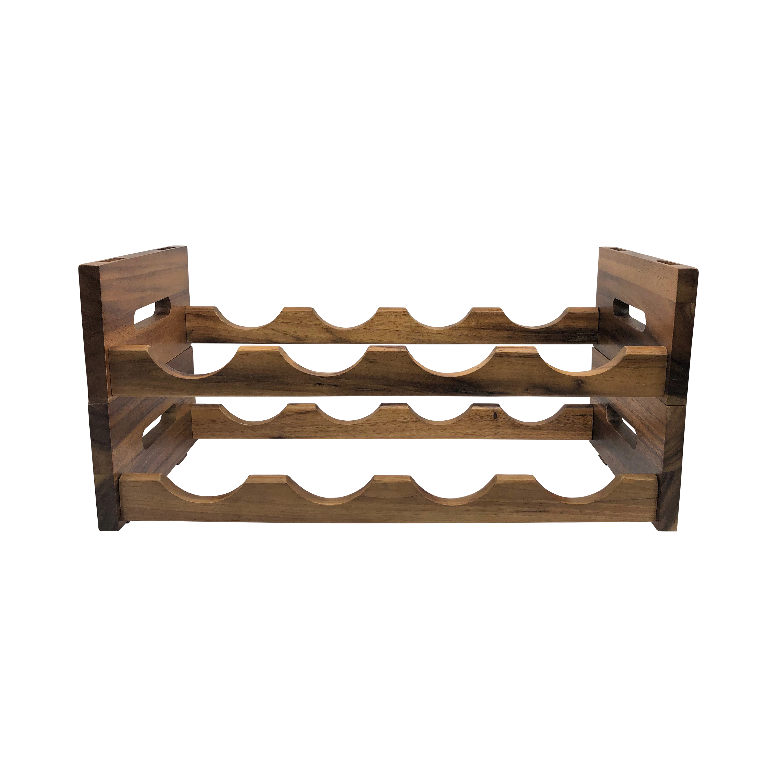 Stackable Wine Rack made from acacia wood, includes six horizontal slots for bottle storage, features handles on each end, and offers an easy-to-assemble design.