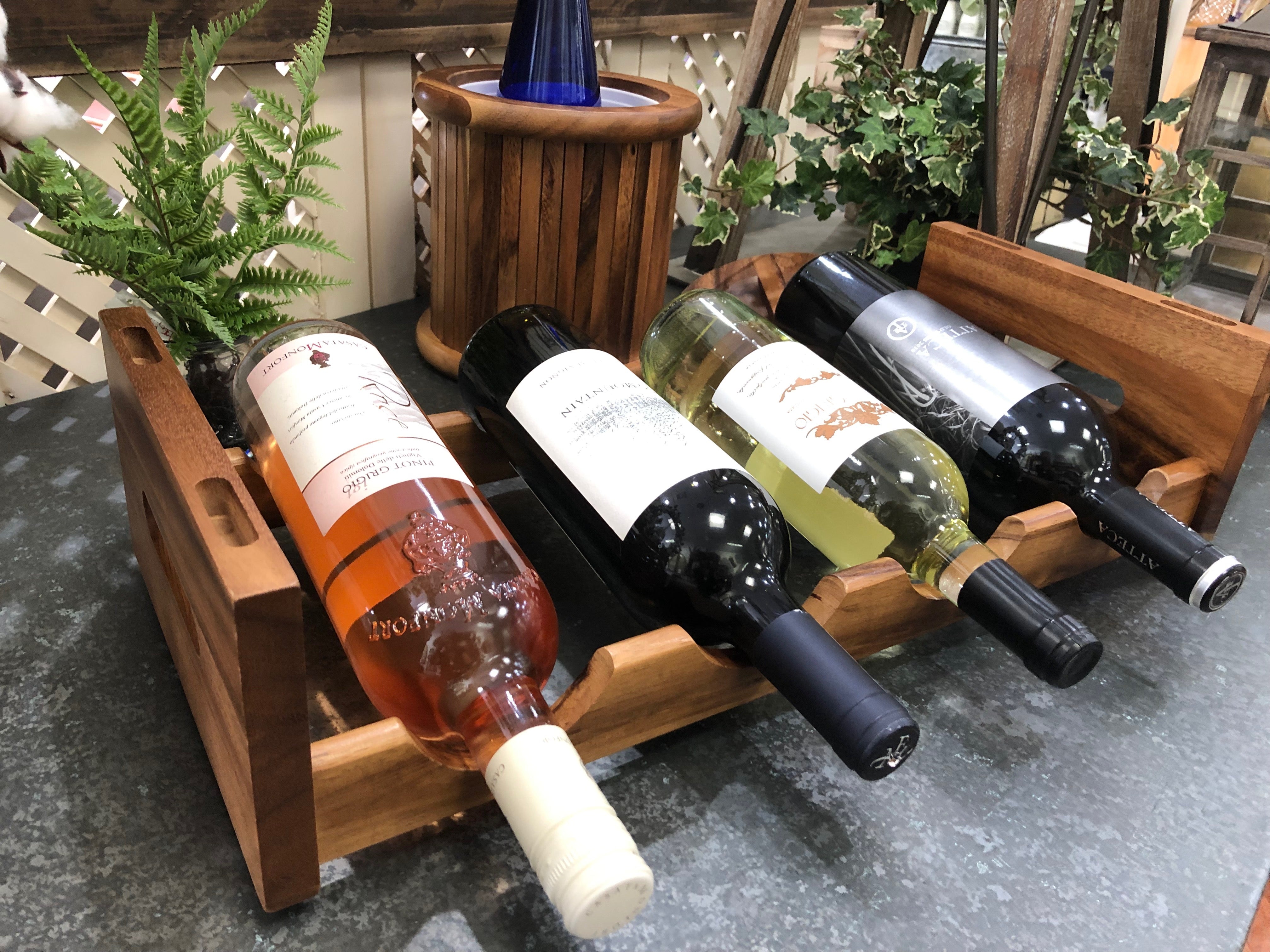 Stackable Wine Rack made from acacia wood, includes six horizontal slots for bottle storage, features handles on each end, and offers an easy-to-assemble design.