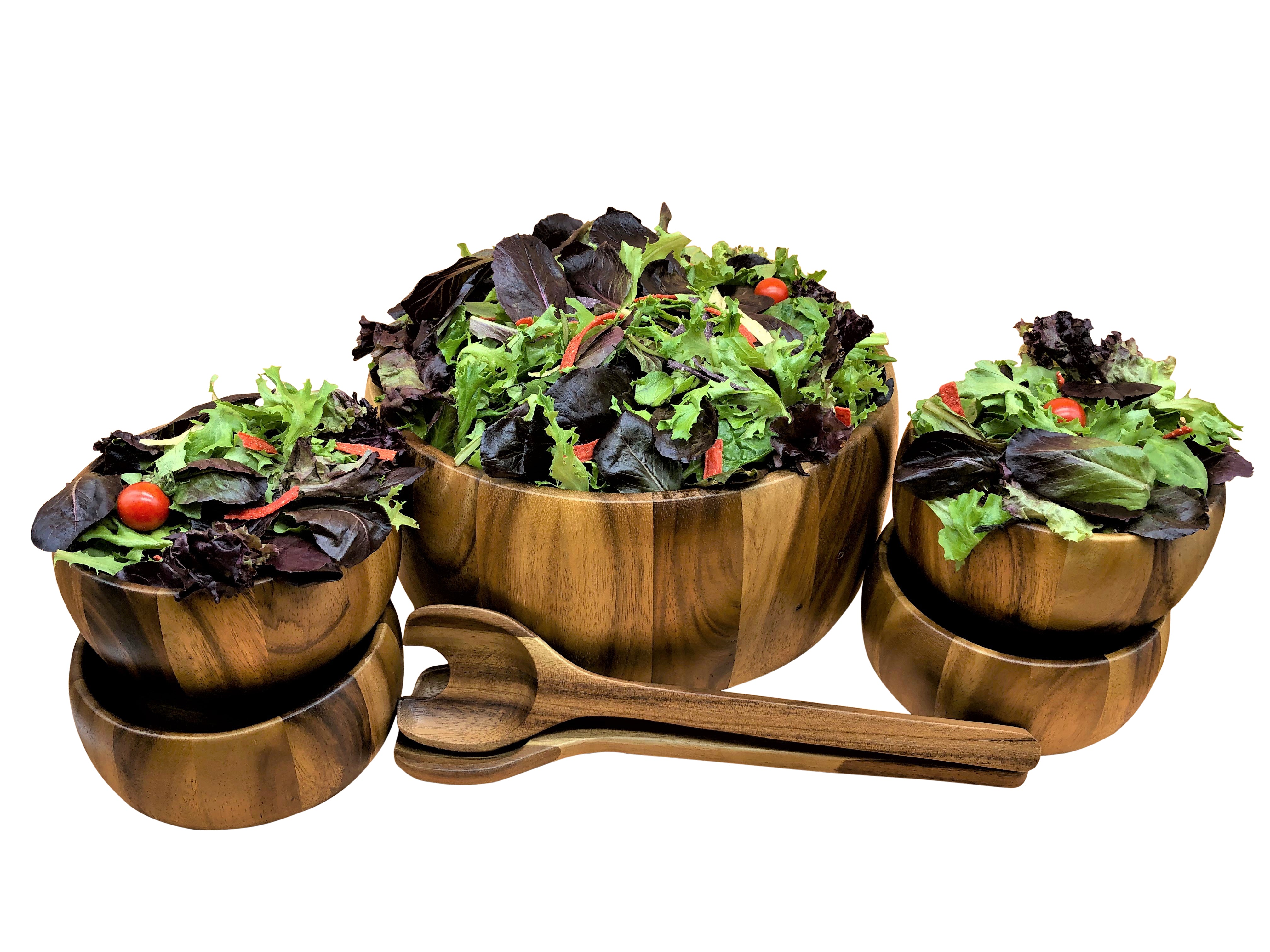 This Dragor 7-piece set features an extra large Acacia wood salad bowl, complemented by four charming individual bowls and two elegant serving utensils, beautifully arranged on a white background—making it the perfect hostess gift.