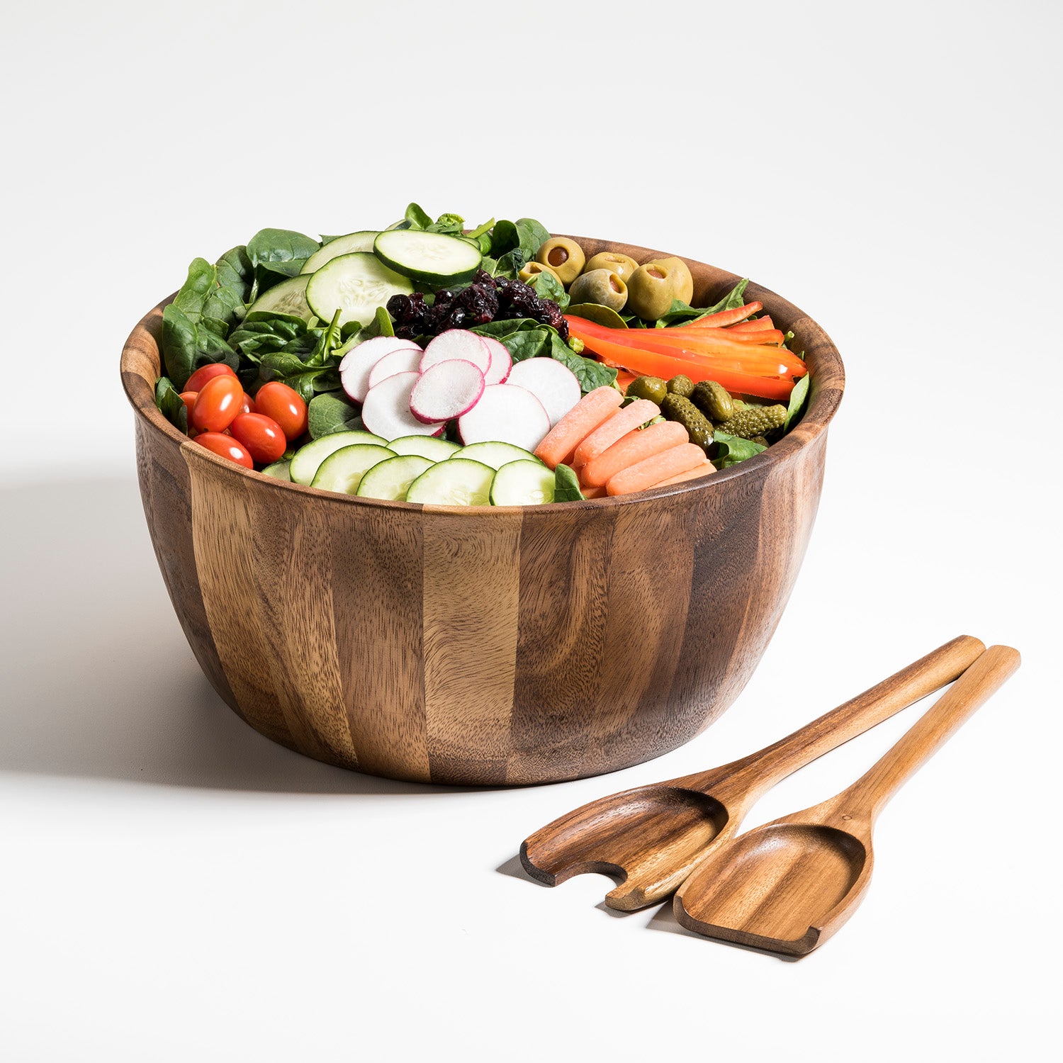 The Soro Xtra Large Salad Bowl with Servers rests on a white surface.