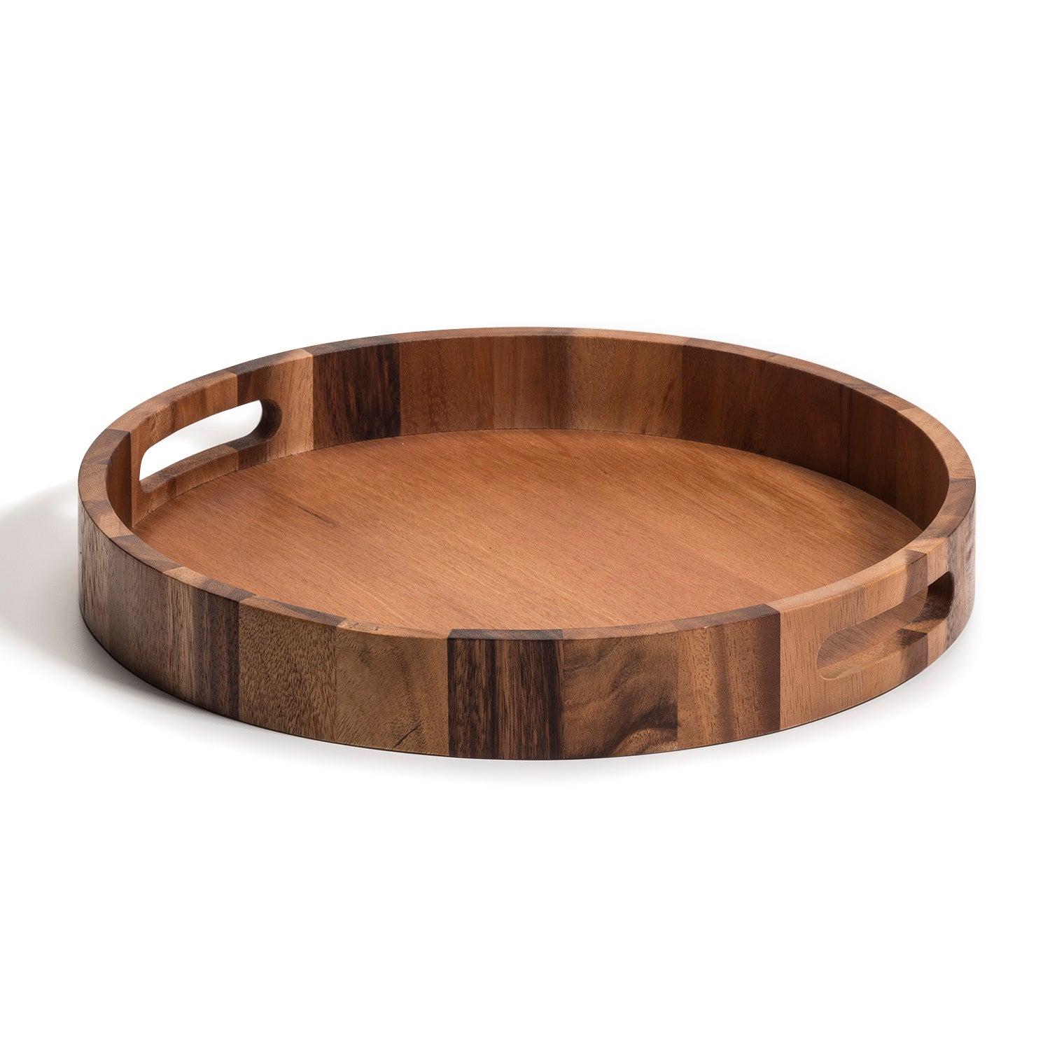 Round Serving Tray - 15" crafted from acacia wood with handles, showcasing an eco-friendly, natural wood finish.