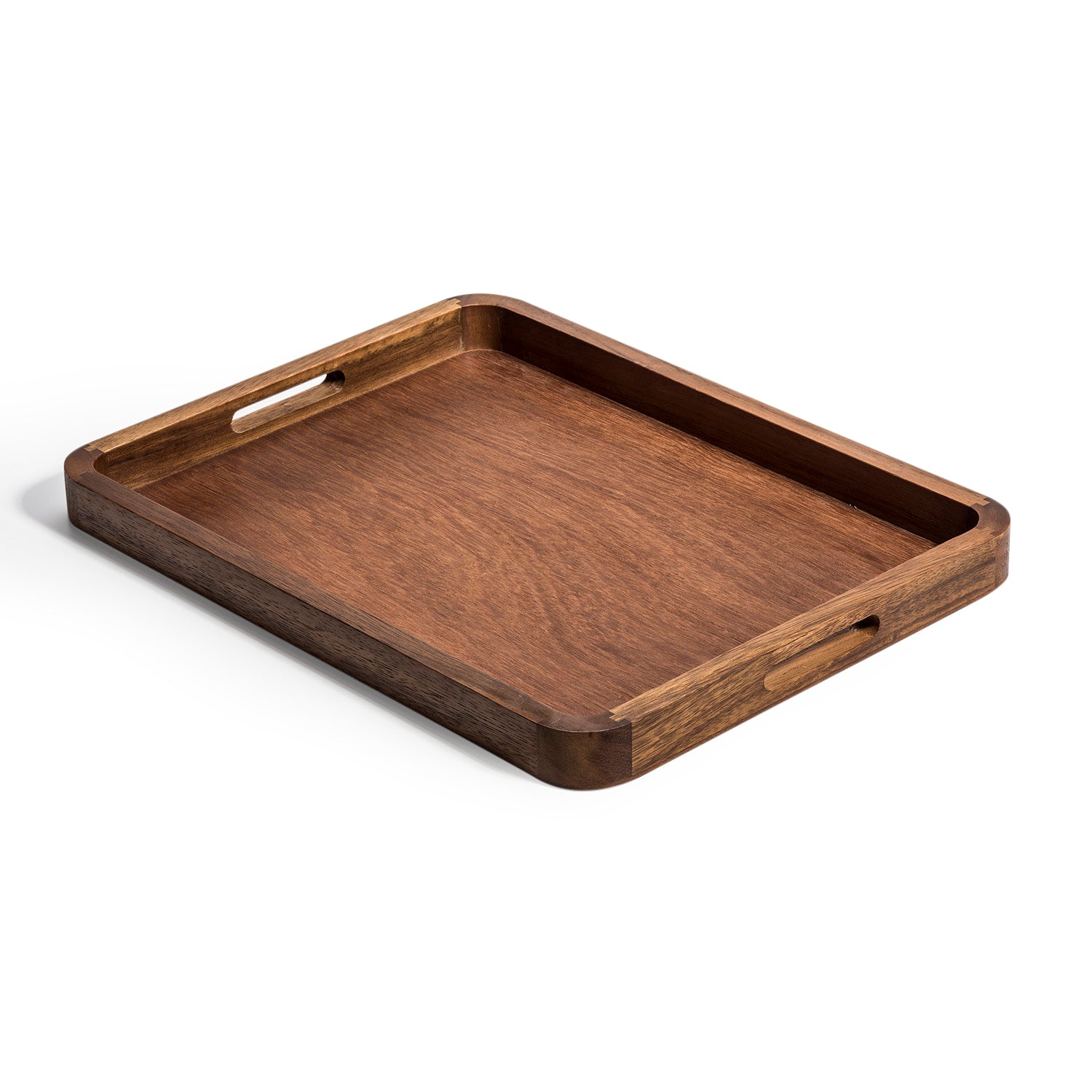 Introducing the Aalborg Rectangle Serving Tray, crafted from sustainable Acacia wood, featuring a sleek design with rounded edges and convenient built-in handles, elegantly presented against a white backdrop.