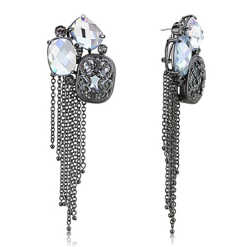 A pair of elaborate dangling LO4191 - TIN Cobalt Black Brass Earrings featuring large, multifaceted AAA Grade CZ crystals and multiple cascading chains set in a dark brass finish.