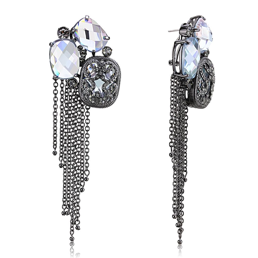A pair of elaborate dangling LO4191 - TIN Cobalt Black Brass Earrings featuring large, multifaceted AAA Grade CZ crystals and multiple cascading chains set in a dark brass finish.