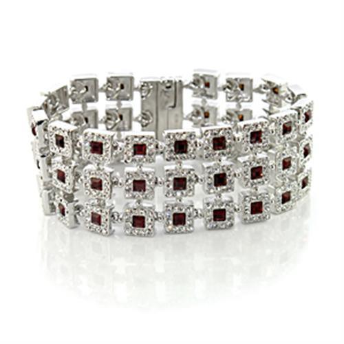 LO444 - Rhodium Brass Bracelet with Top Grade Crystal in Siam with multiple rows of square-cut red gems bordered by small top grade crystals, displayed against a white background.