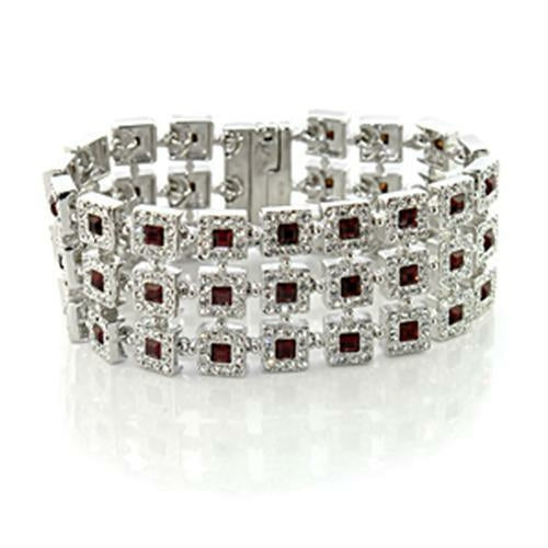 LO444 - Rhodium Brass Bracelet with Top Grade Crystal in Siam with multiple rows of square-cut red gems bordered by small top grade crystals, displayed against a white background.