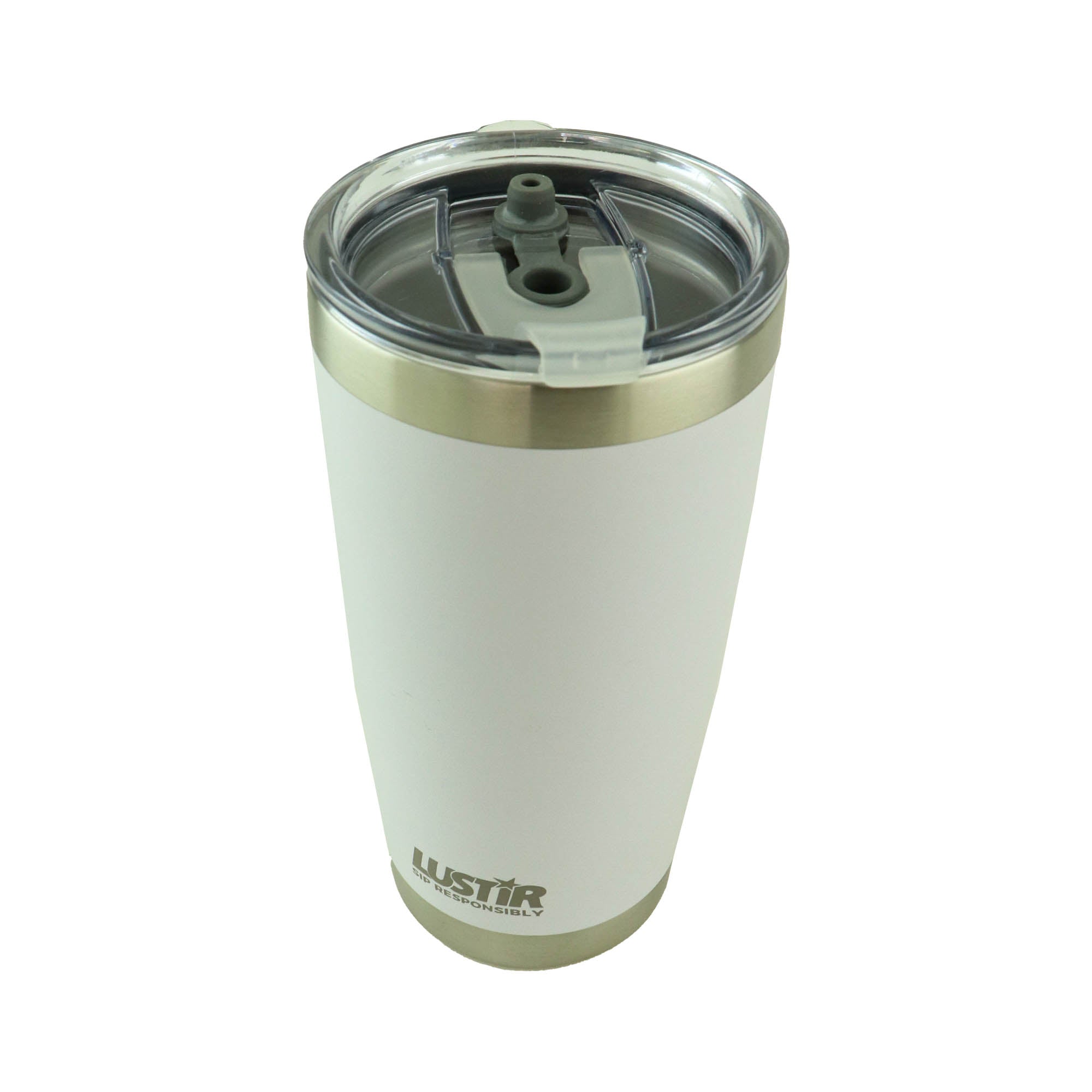 This product is a 20 oz Tumbler + Straw featuring a white insulated stainless steel body, equipped with a metal lid and a black carbon fiber straw. It also showcases the "LUSTIR SIP RESPONSIBLY" logo at the bottom, ensuring your drink stays at the ideal temperature for an extended period.