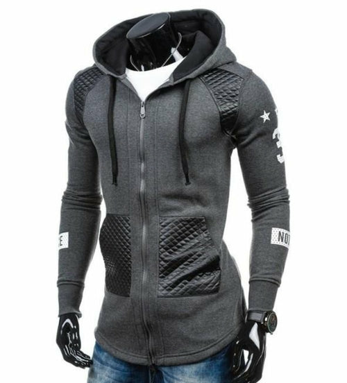 Mannequin wearing a Mens Street Style Biker Hoodie with quilted panels and numbers on the arms, paired with blue jeans.