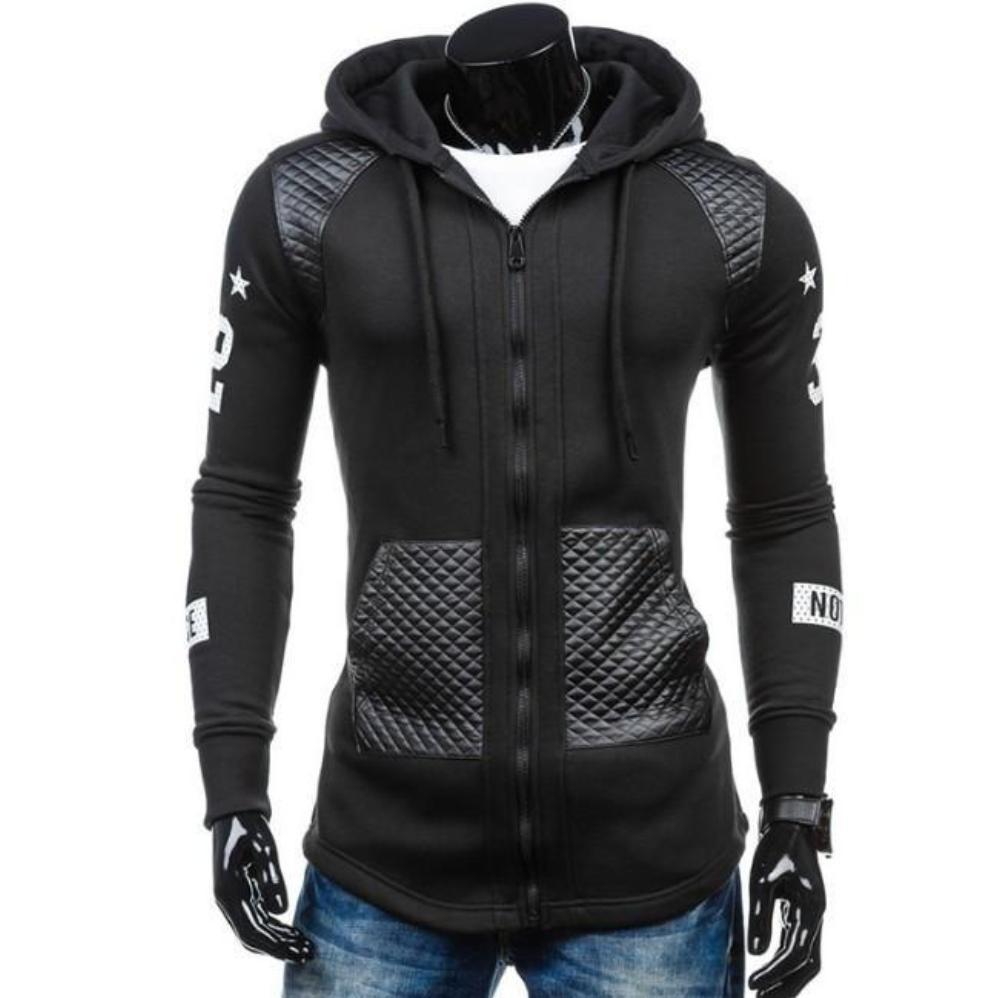 Mannequin wearing a Mens Street Style Biker Hoodie with quilted panels and numbers on the arms, paired with blue jeans.