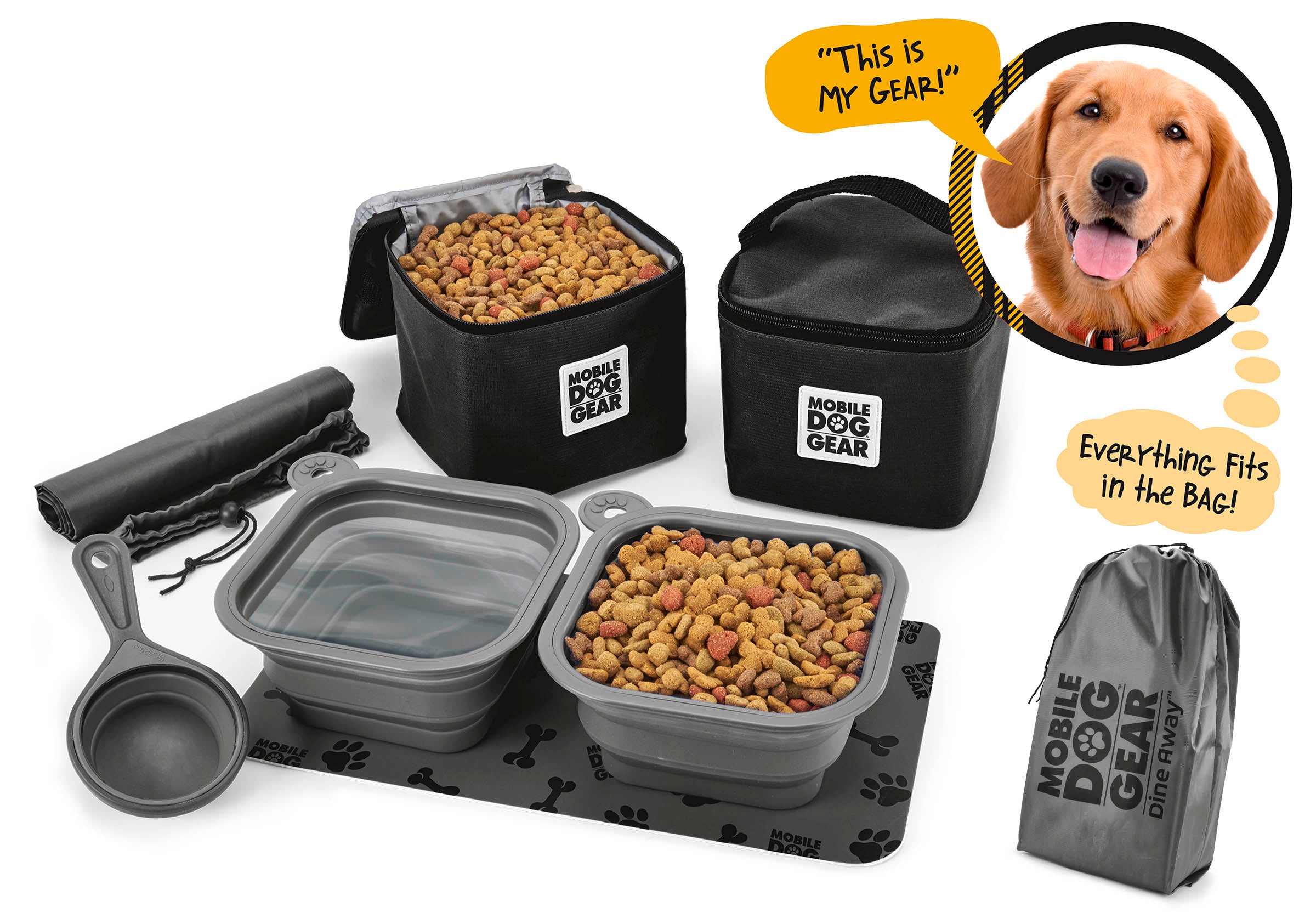 The Dine Away Bag (Med/Lg Dogs)™ features food containers, collapsible bowls, a food scoop, a placemat, and a carrying bag. A dog's photo in a speech bubble declares, "This is my gear!" It's perfectly designed for your adventurous pup's pet luggage.