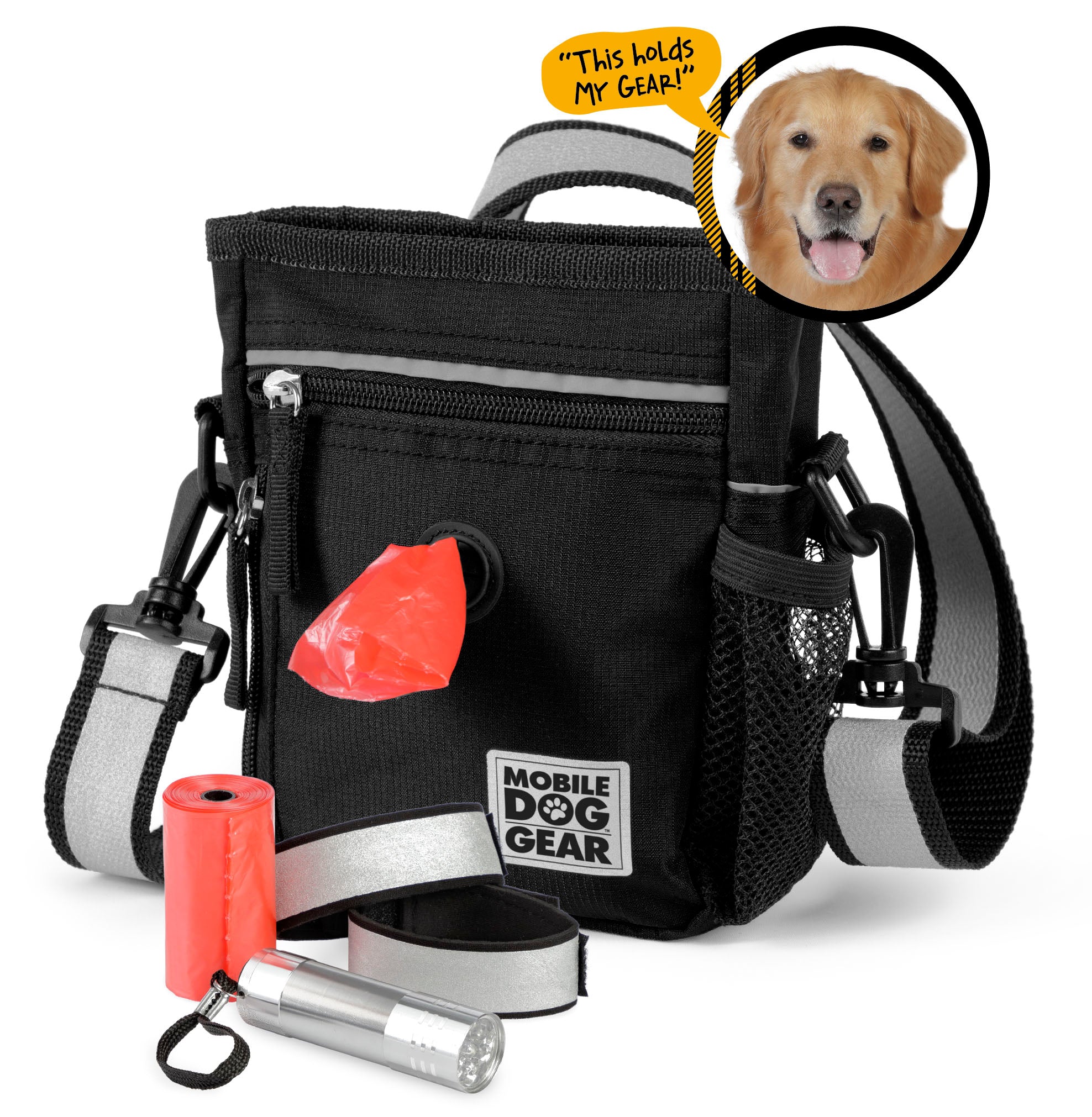 The Day/Night 6 Pc Walking Bag is ideal for your adventures, boasting compartments for a leash, flashlight, and waste bag roll. An inset image of a dog with the text "This holds my gear!" adds charm to this essential pet luggage.