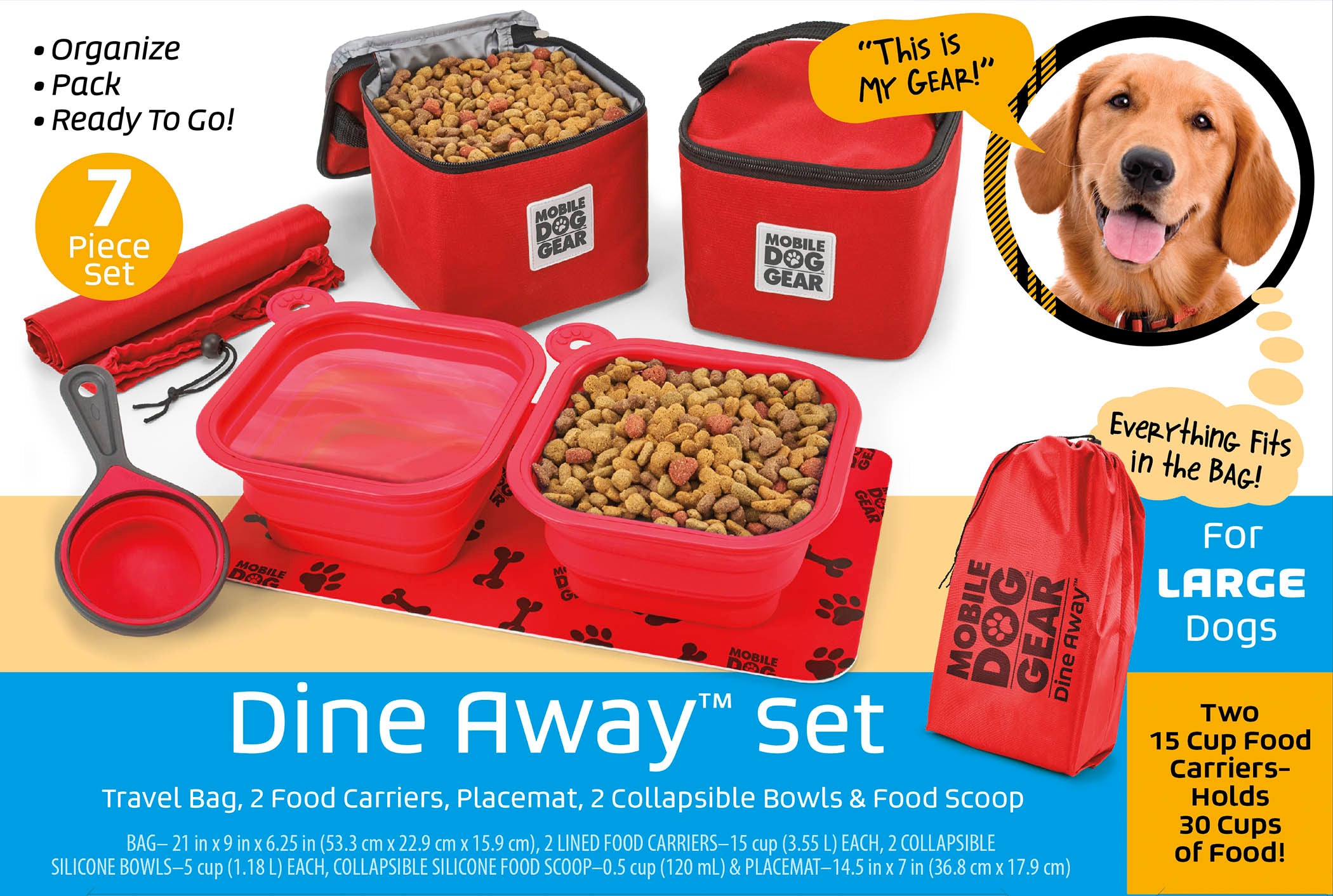 The Dine Away Bag (Med/Lg Dogs)™ features food containers, collapsible bowls, a food scoop, a placemat, and a carrying bag. A dog's photo in a speech bubble declares, "This is my gear!" It's perfectly designed for your adventurous pup's pet luggage.