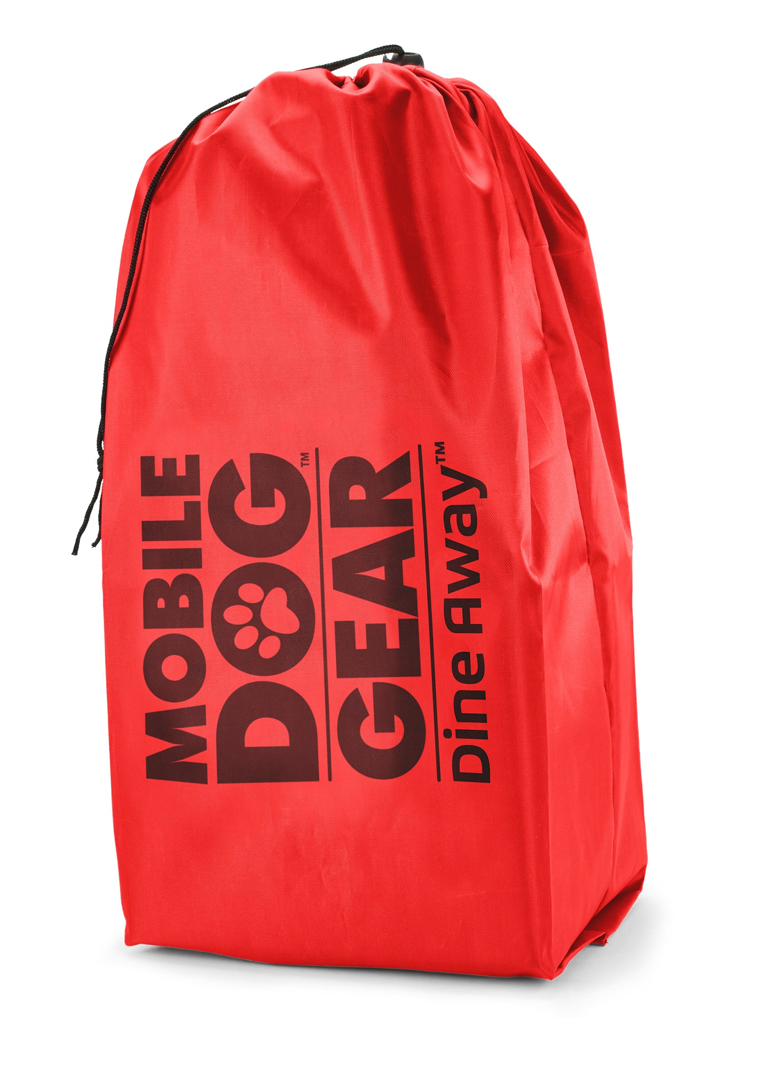 The Dine Away Bag (Med/Lg Dogs)™ features food containers, collapsible bowls, a food scoop, a placemat, and a carrying bag. A dog's photo in a speech bubble declares, "This is my gear!" It's perfectly designed for your adventurous pup's pet luggage.