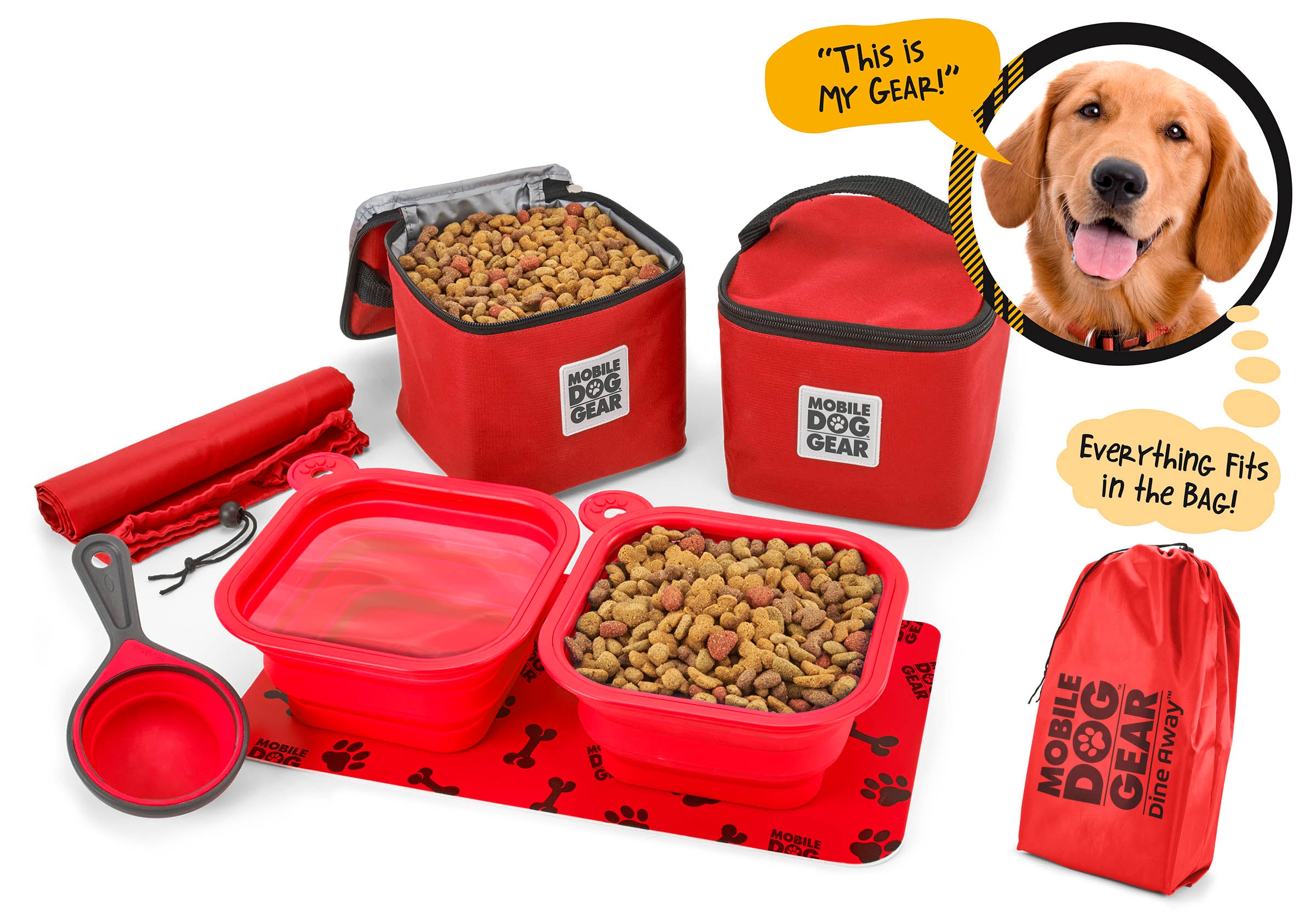 The Dine Away Bag (Med/Lg Dogs)™ features food containers, collapsible bowls, a food scoop, a placemat, and a carrying bag. A dog's photo in a speech bubble declares, "This is my gear!" It's perfectly designed for your adventurous pup's pet luggage.