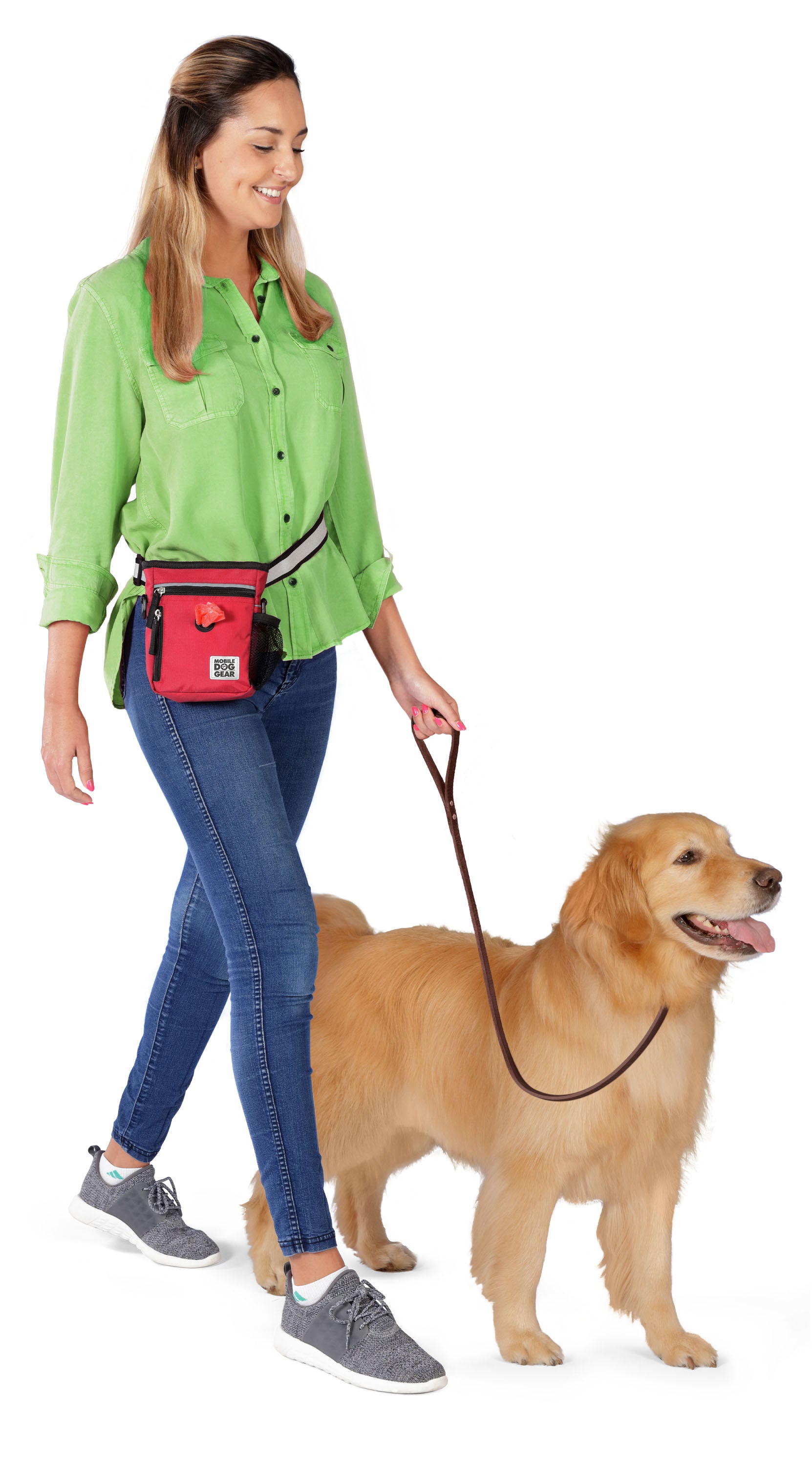 The Day/Night 6 Pc Walking Bag is ideal for your adventures, boasting compartments for a leash, flashlight, and waste bag roll. An inset image of a dog with the text "This holds my gear!" adds charm to this essential pet luggage.