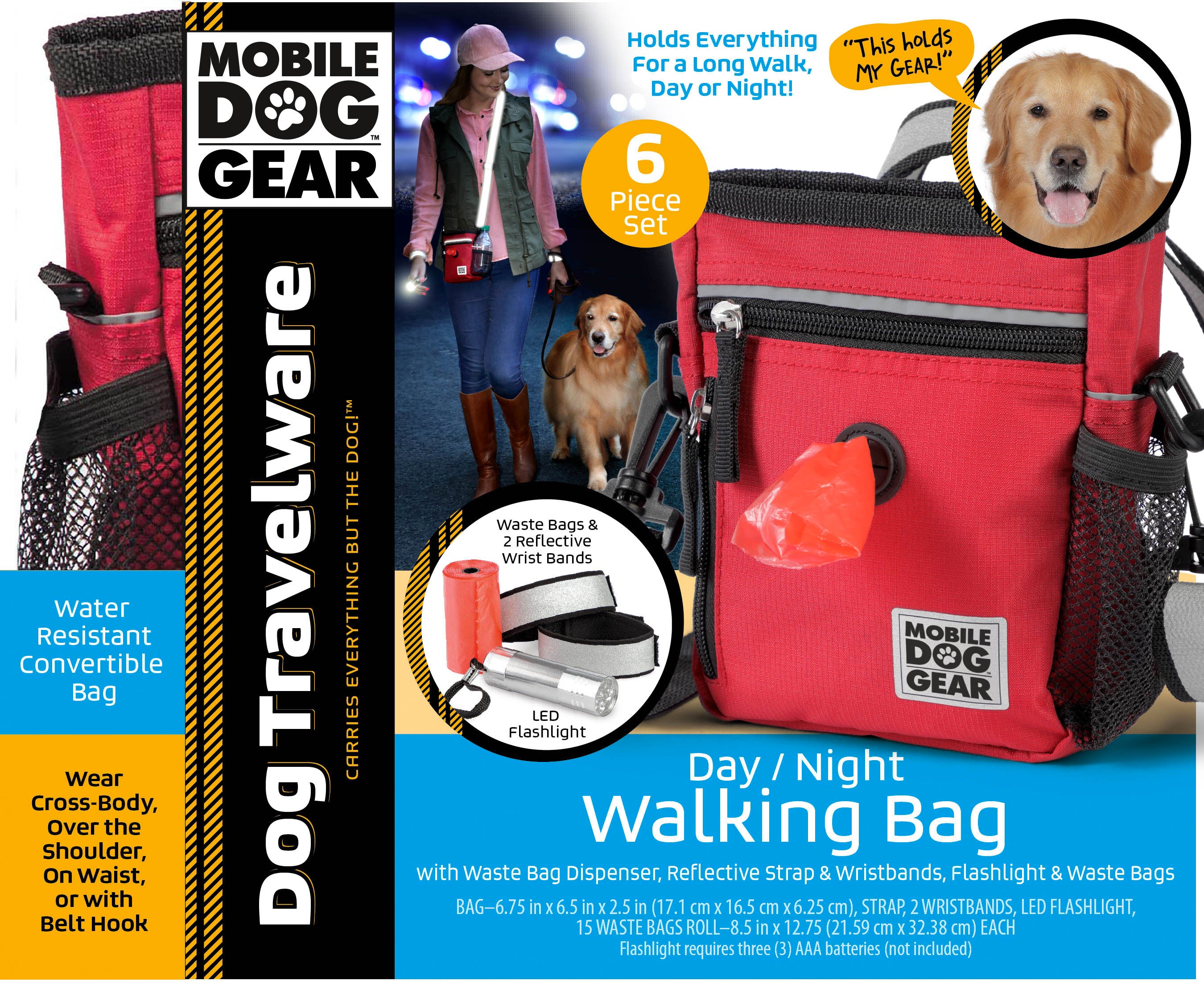 The Day/Night 6 Pc Walking Bag is ideal for your adventures, boasting compartments for a leash, flashlight, and waste bag roll. An inset image of a dog with the text "This holds my gear!" adds charm to this essential pet luggage.