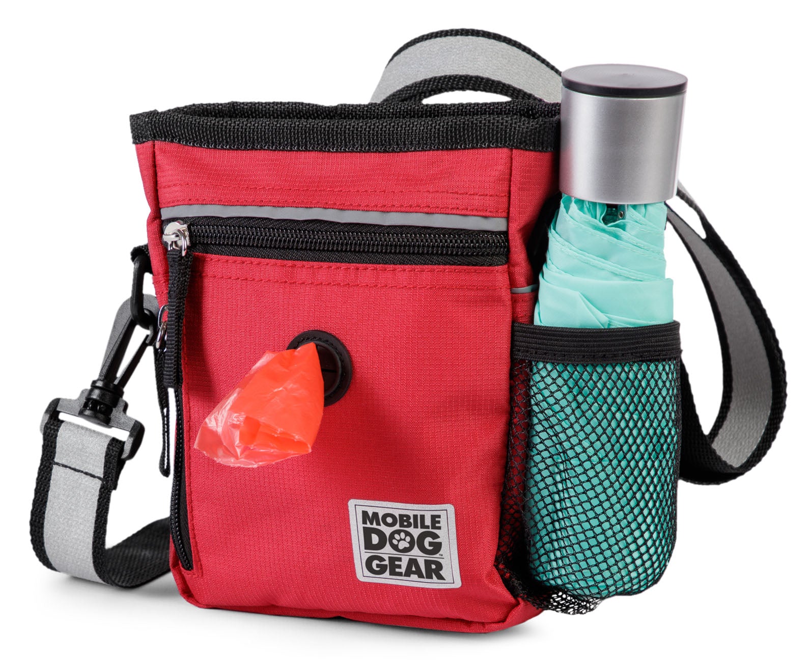 The Day/Night 6 Pc Walking Bag is ideal for your adventures, boasting compartments for a leash, flashlight, and waste bag roll. An inset image of a dog with the text "This holds my gear!" adds charm to this essential pet luggage.