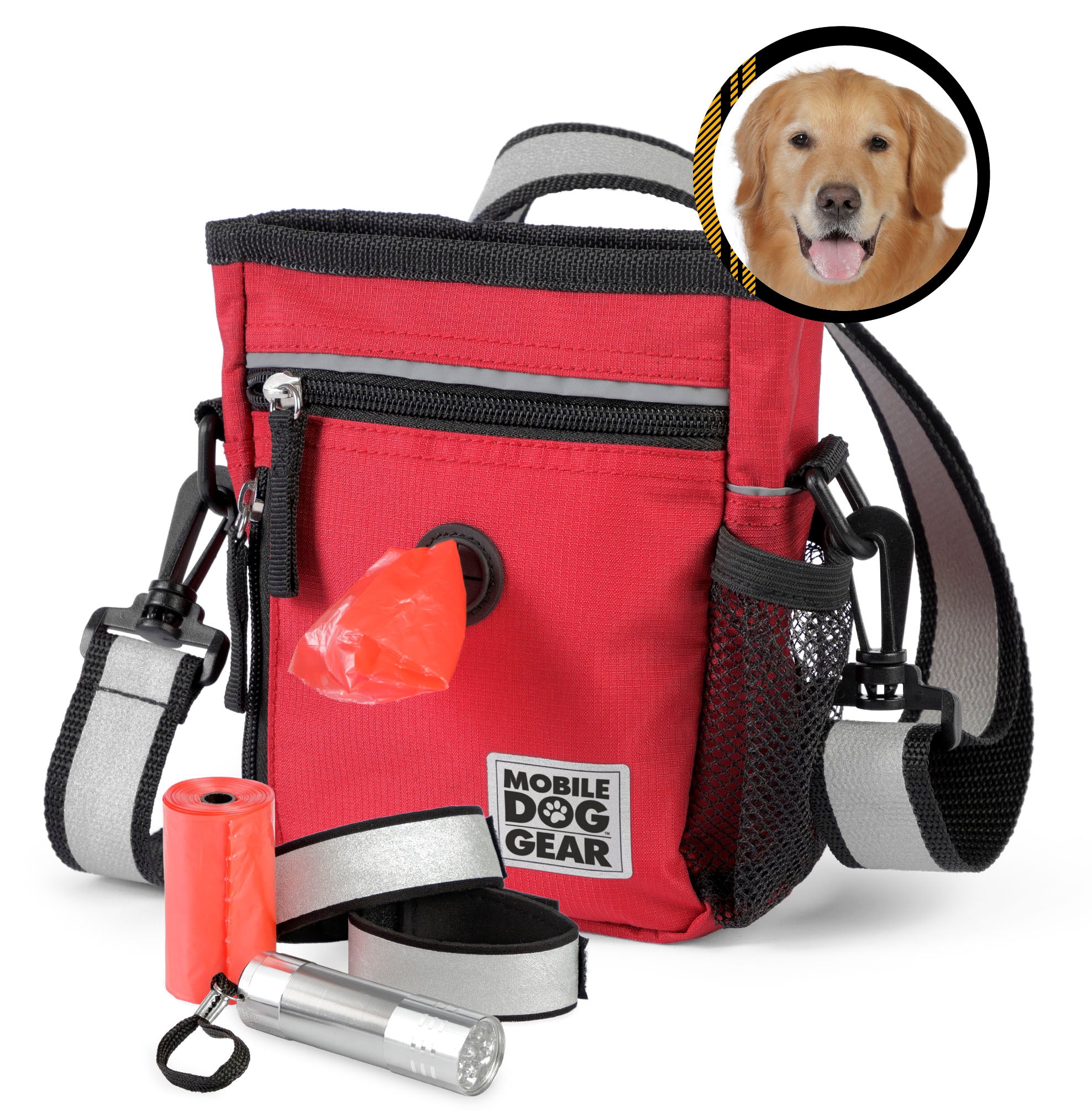 The Day/Night 6 Pc Walking Bag is ideal for your adventures, boasting compartments for a leash, flashlight, and waste bag roll. An inset image of a dog with the text "This holds my gear!" adds charm to this essential pet luggage.