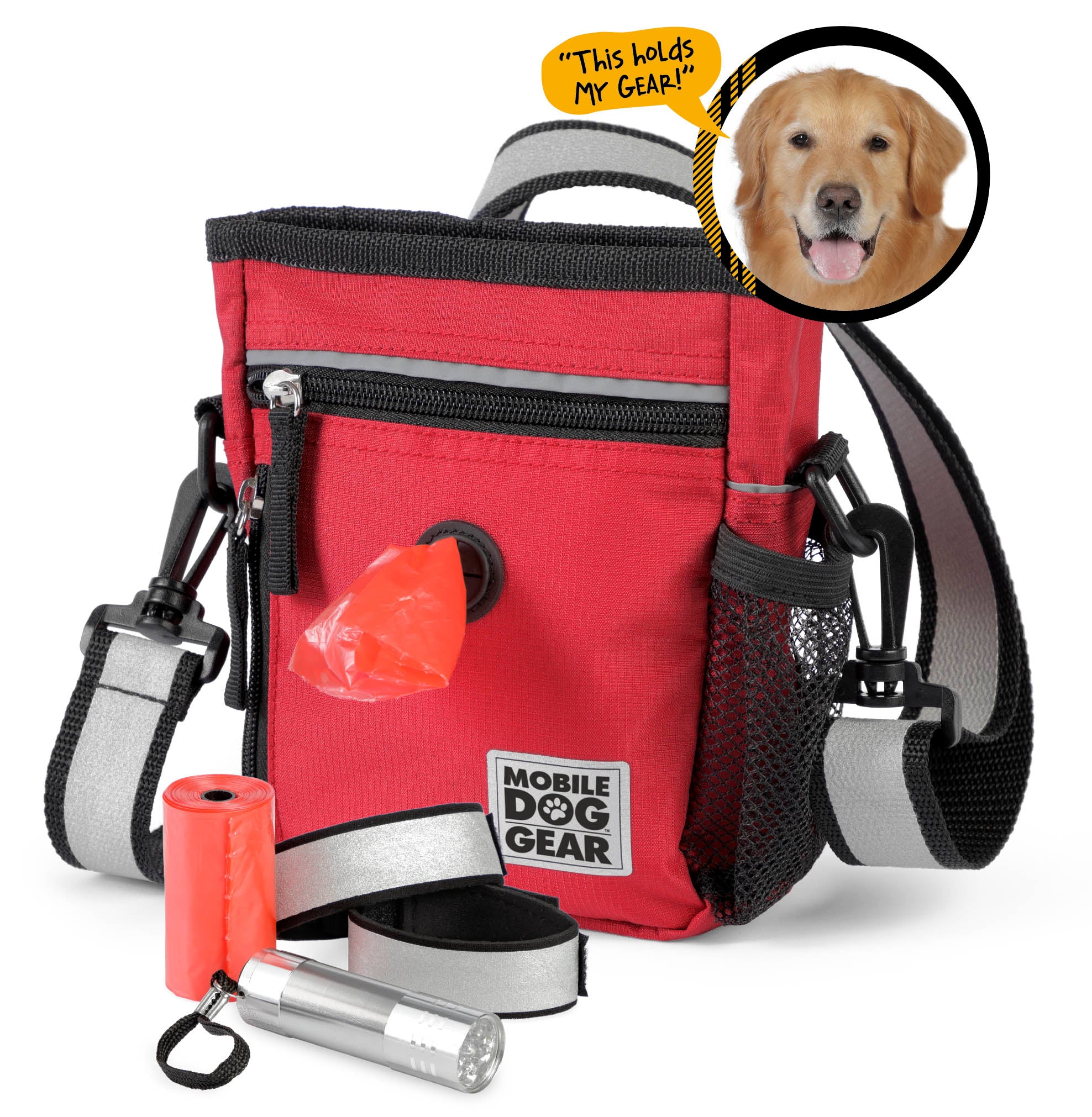 The Day/Night 6 Pc Walking Bag is ideal for your adventures, boasting compartments for a leash, flashlight, and waste bag roll. An inset image of a dog with the text "This holds my gear!" adds charm to this essential pet luggage.