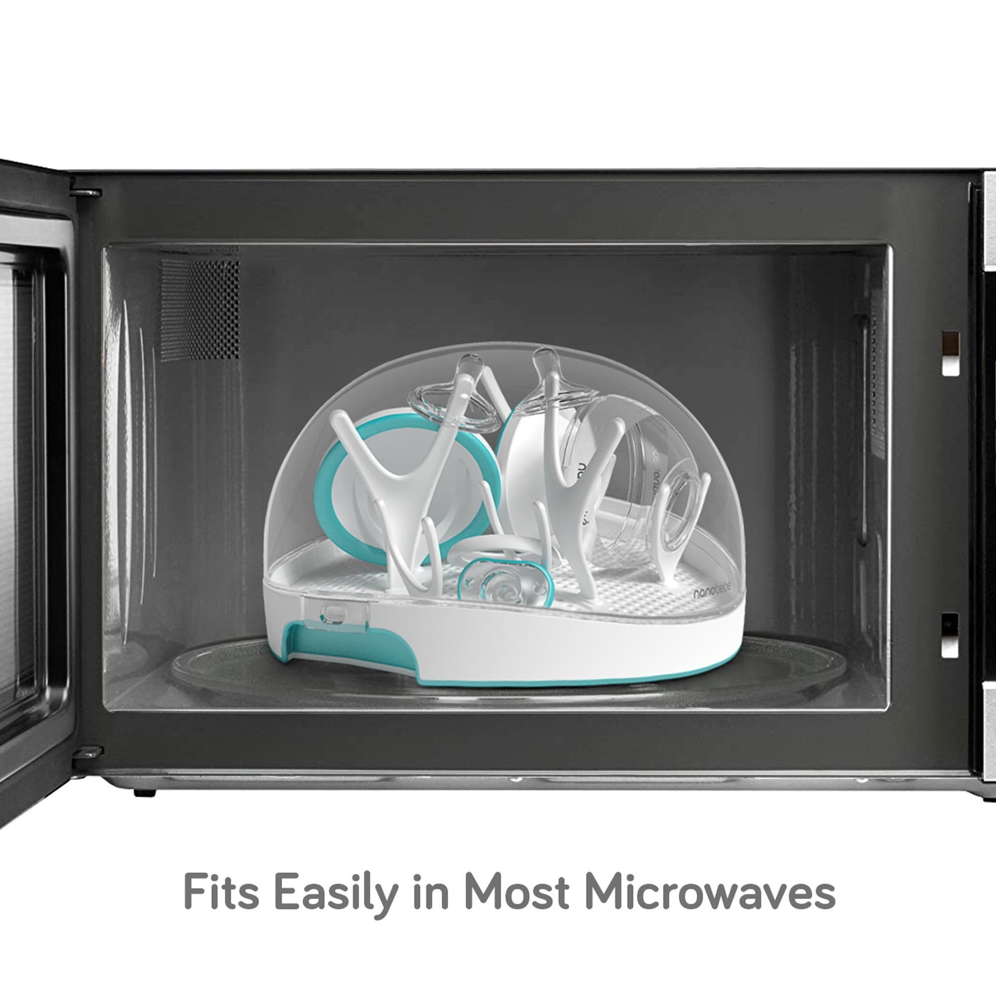 The Microwave Steam Sterilizer is designed with a transparent dome cover and tree-like stands on a perforated base to ensure your baby bottles remain germ-free.