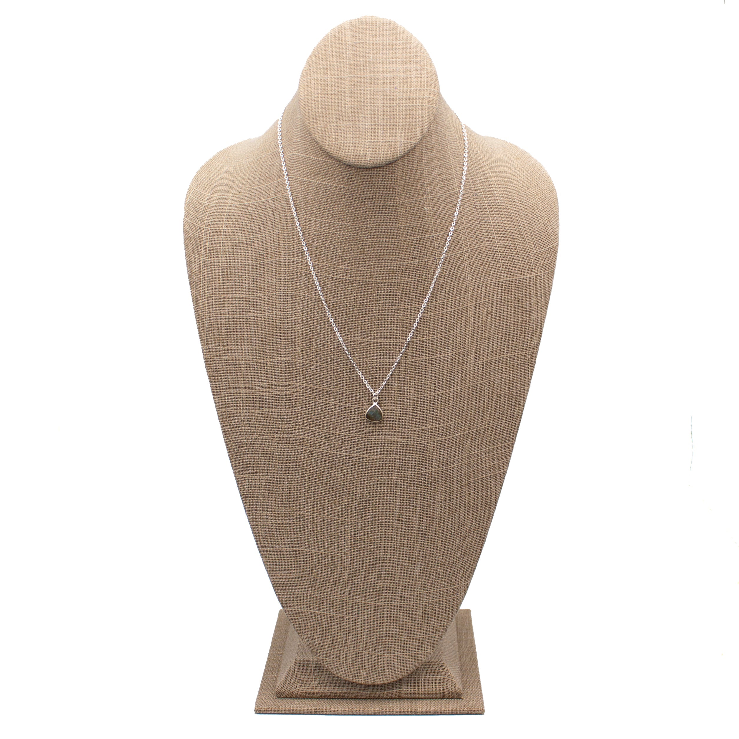 Labradorite Trillion Pendant Silver Necklace displayed against a white background.