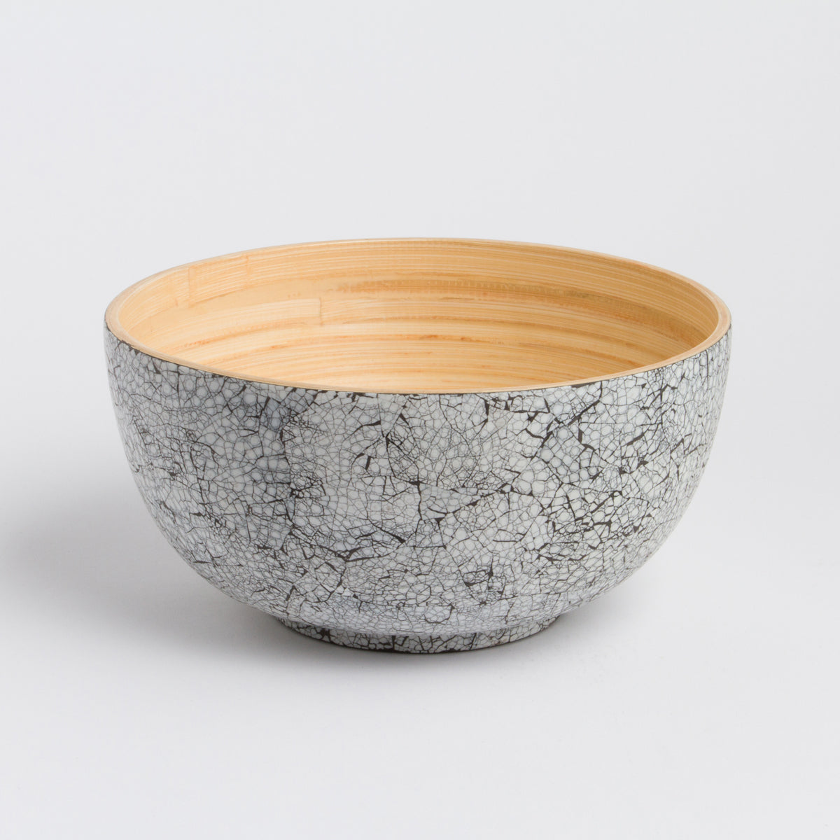 The TCHON Bamboo Salad Bowl (Large) features a cracked grey exterior and a smooth wooden interior, showcasing sustainable design against a plain white background.