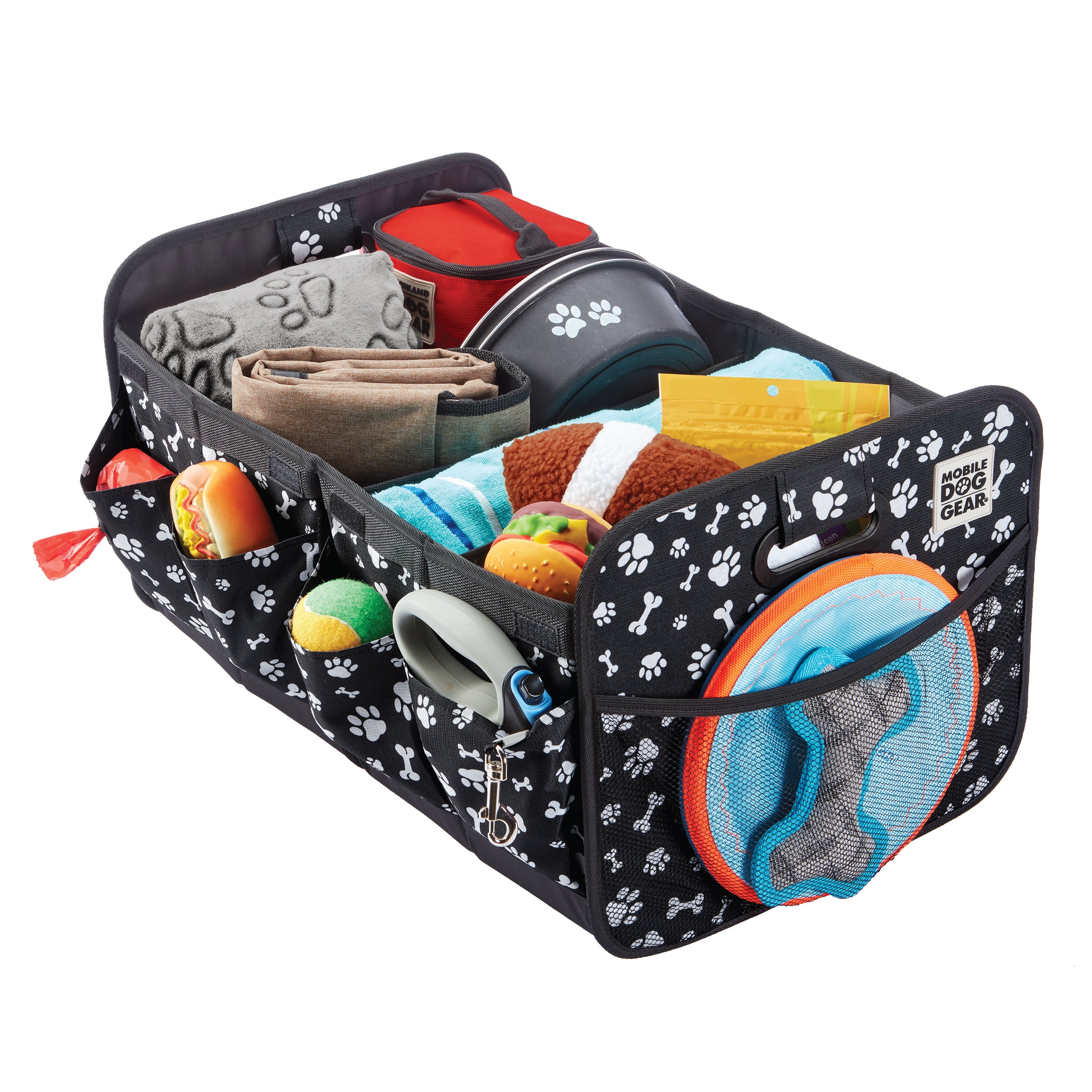 A collapsible multipurpose organizer filled with various items like bottles and bags. Text on the image reads "Great for Travel!" Perfect for dog travel essentials.