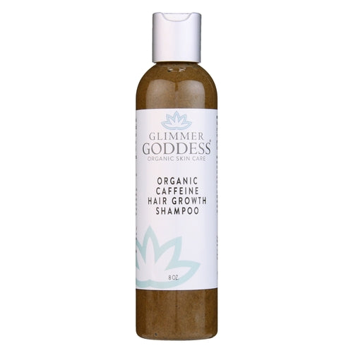 The Glimmer Goddess Organic Caffeine Hair Growth Shampoo, 9 oz, is crafted to address hair loss and boost hair volume. It comes with a green and brown label and is capped with an elegant silver top.