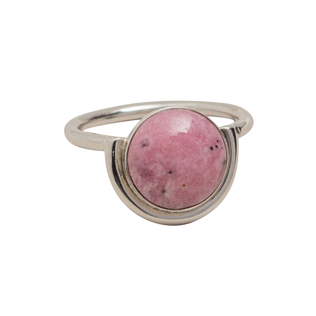 Discover the Pink Moon Ring: a sterling silver masterpiece featuring a round pink stone, beautifully set in a semi-circle bezel design.