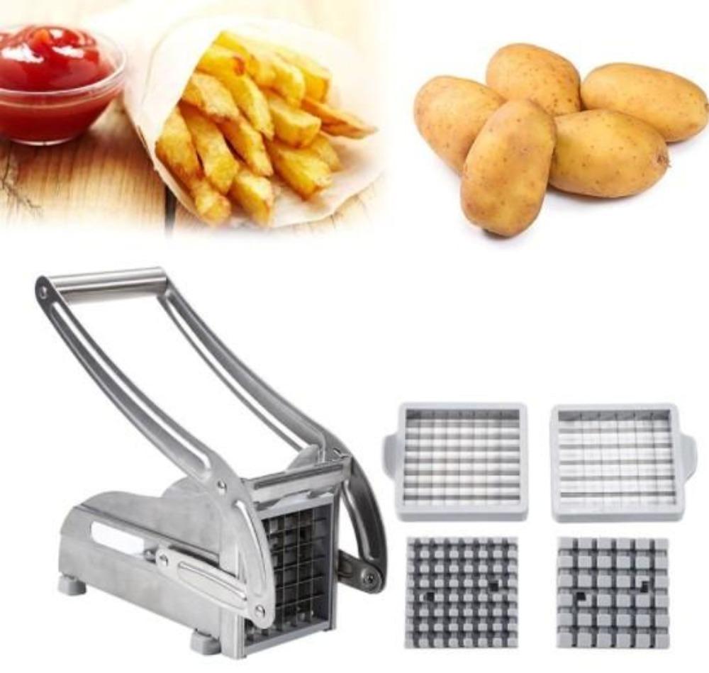 An image of a Stainless Steel French Fries and Potato Cutter with 2 Different Blades and a pile of freshly cut fries in the background.