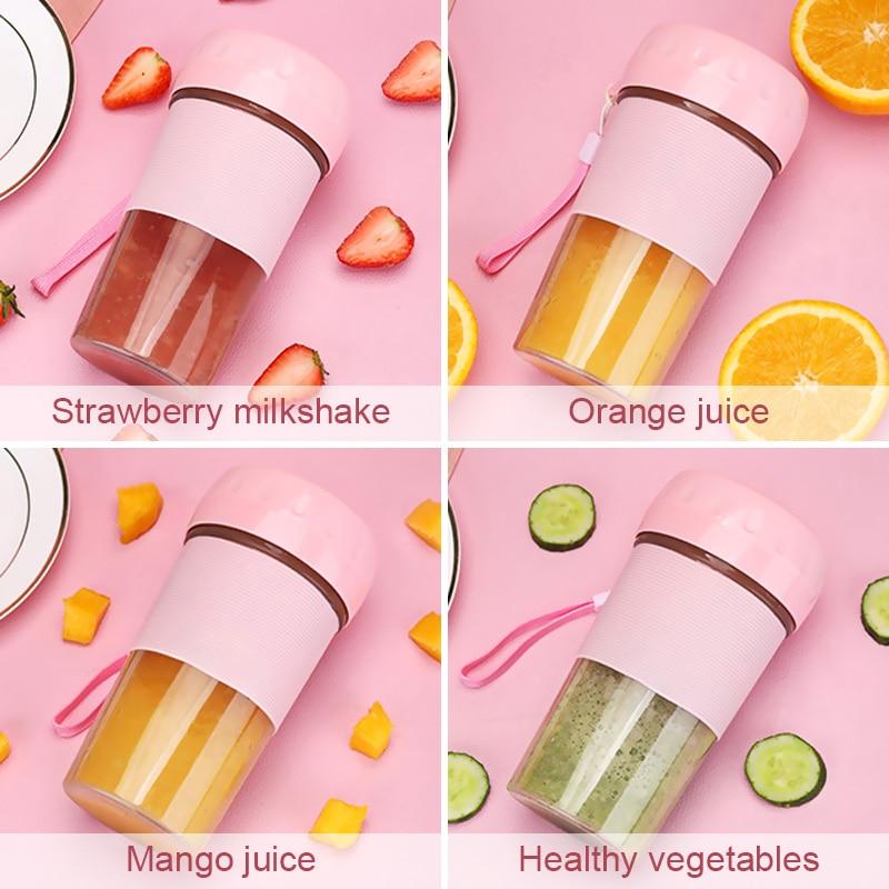 A pink and transparent Portable Personal Juice Blender and Smoothie Maker with a lid featuring a carrying strap, ribbed grip section, and translucent bottom half doubles as a personal wireless juice blender rechargeable via USB.