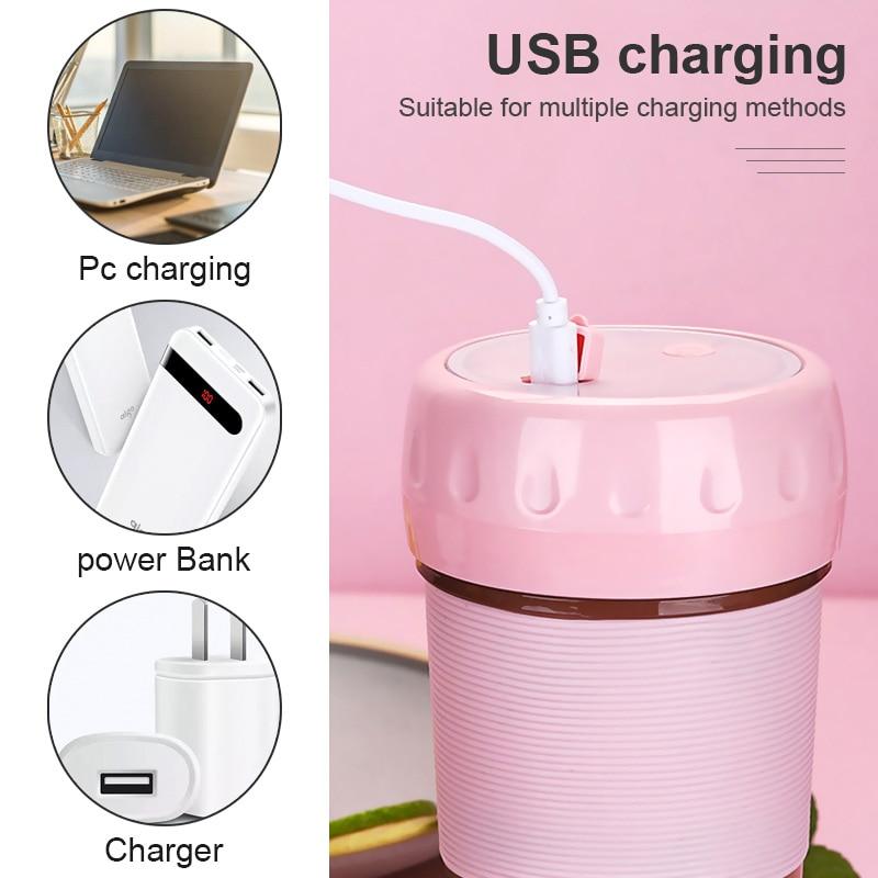 A pink and transparent Portable Personal Juice Blender and Smoothie Maker with a lid featuring a carrying strap, ribbed grip section, and translucent bottom half doubles as a personal wireless juice blender rechargeable via USB.