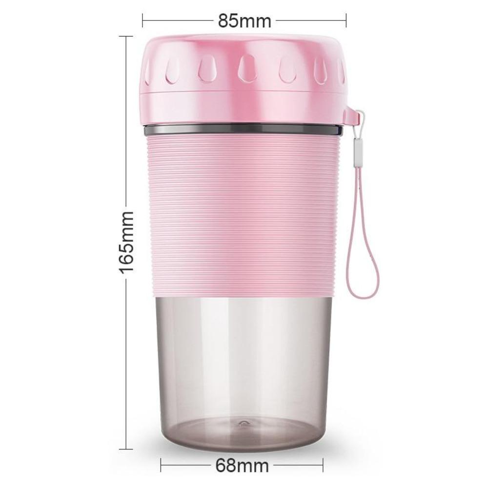 A pink and transparent Portable Personal Juice Blender and Smoothie Maker with a lid featuring a carrying strap, ribbed grip section, and translucent bottom half doubles as a personal wireless juice blender rechargeable via USB.