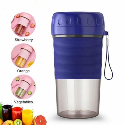 A pink and transparent Portable Personal Juice Blender and Smoothie Maker with a lid featuring a carrying strap, ribbed grip section, and translucent bottom half doubles as a personal wireless juice blender rechargeable via USB.