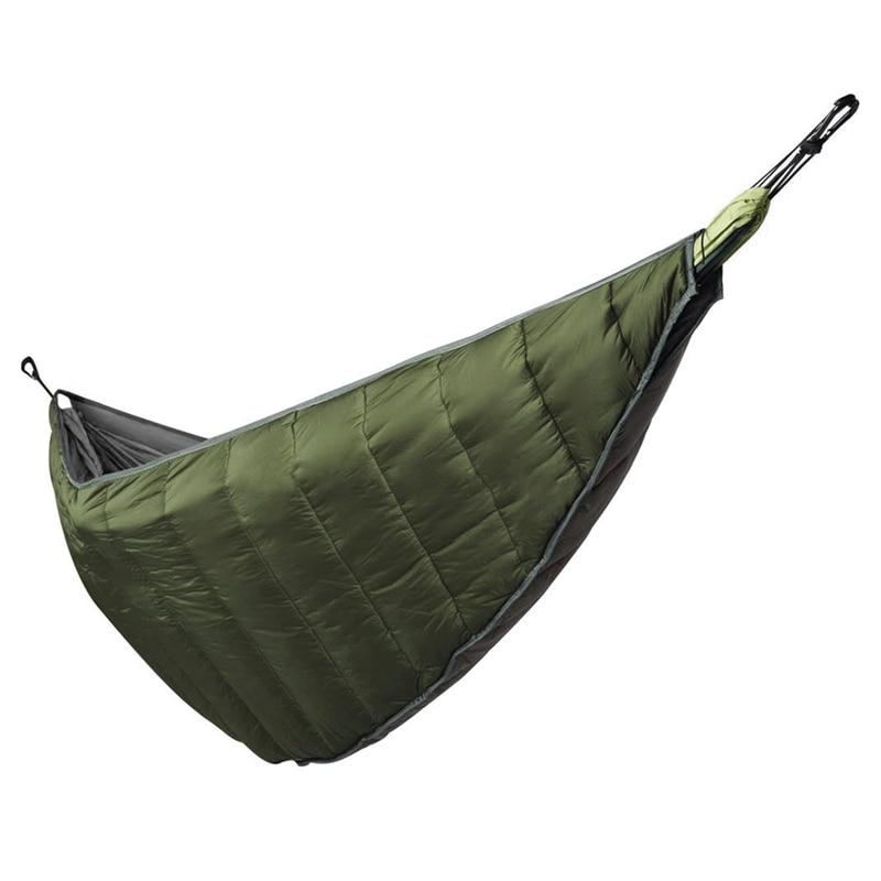 Durable Waterproof Nylon Outdoor Camping Hammock Underquilt equipped with a ripstop nylon underquilt, displayed against a white background, with inset images showing its compact storage bag and attachment clips.