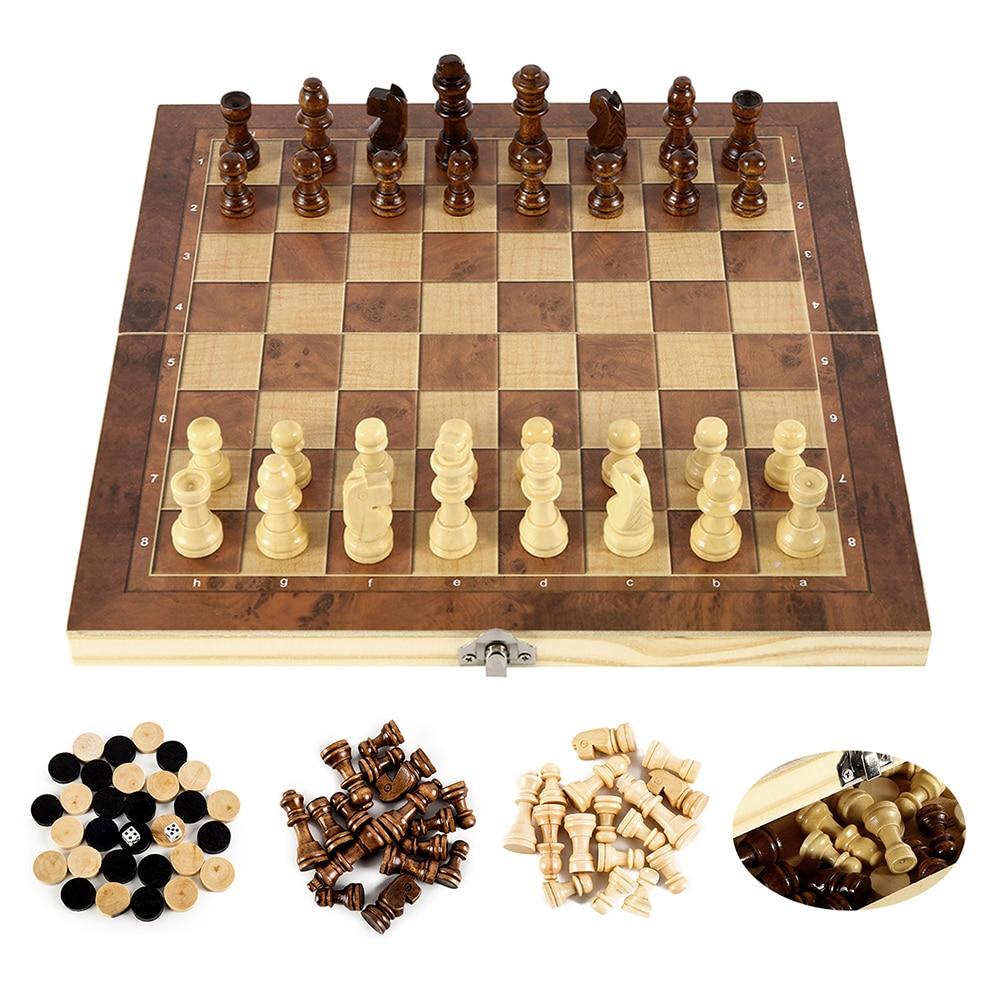 Foldable Wooden Chess Set Board Game displayed open with arranged pieces, and extra black and white pieces shown beside it.