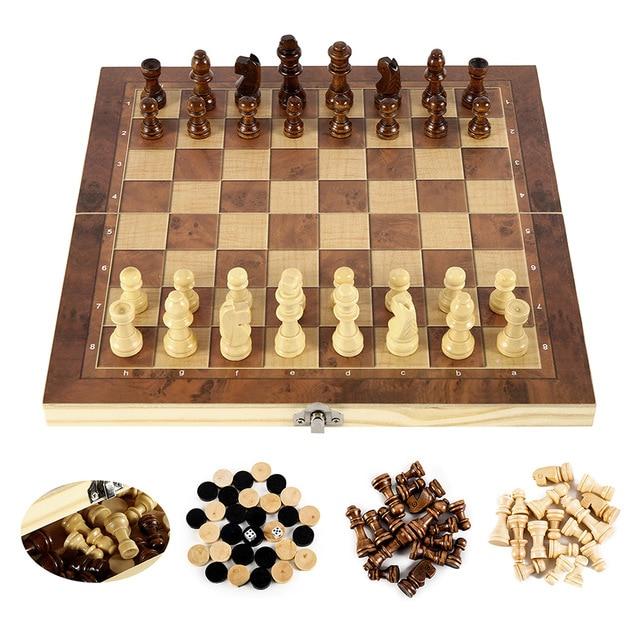 Foldable Wooden Chess Set Board Game displayed open with arranged pieces, and extra black and white pieces shown beside it.