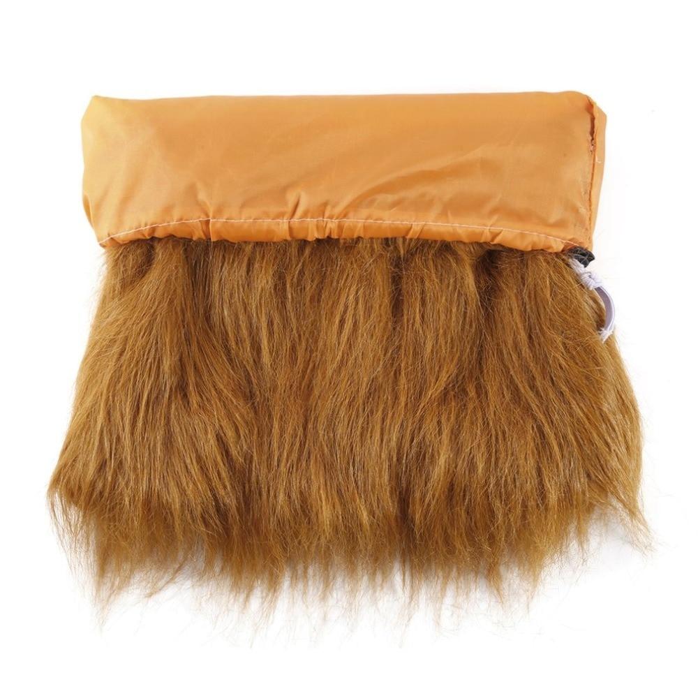 A dog in a Lion Theme Dog Wig with an adjustable elastic band standing in front of a white background, perfect for Halloween costume parties.