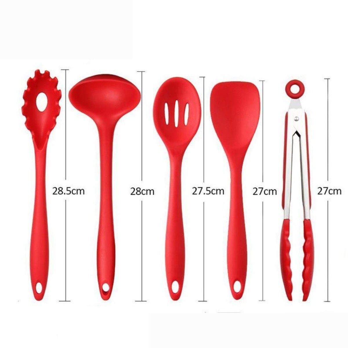 A set of Non Stick Silicone Cooking Utensils Premium Heat Resistant 10 PCS Set, including spatulas, spoons, tongs, and a whisk, arranged on a white background.