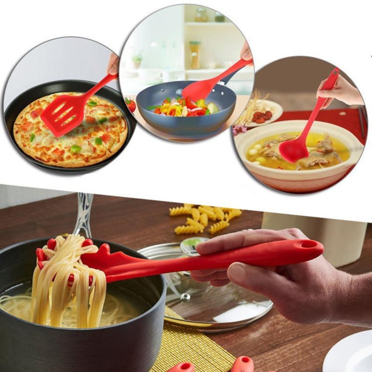 A set of Non Stick Silicone Cooking Utensils Premium Heat Resistant 10 PCS Set, including spatulas, spoons, tongs, and a whisk, arranged on a white background.
