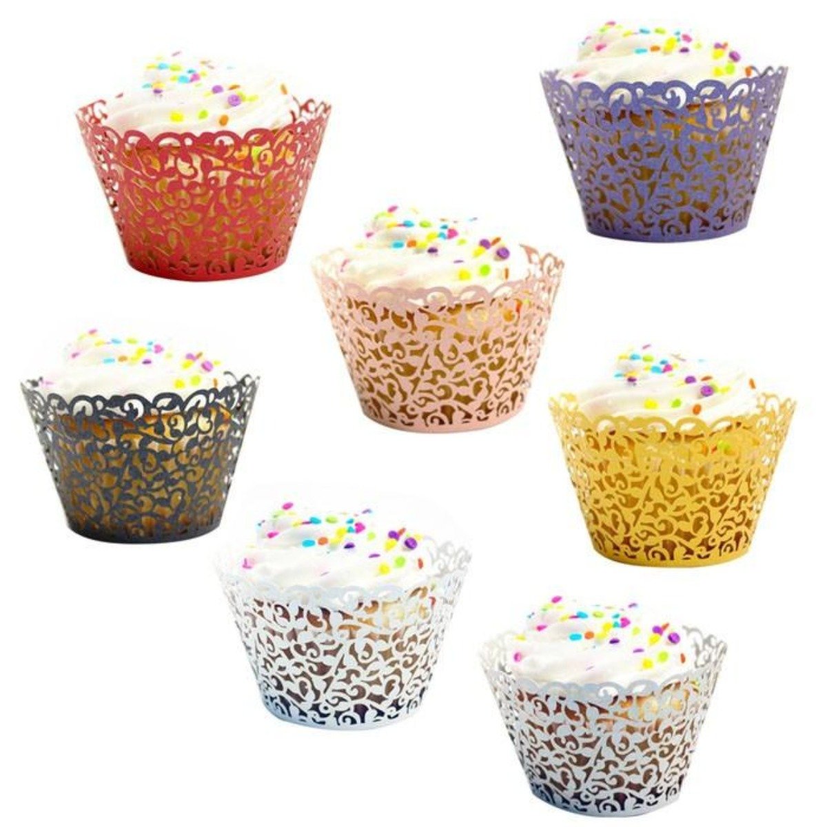 An array of wedding cupcakes in Little Vine Lace Laser Cut Cupcake Wrappers of various colors, each topped with white frosting and colorful sprinkles.